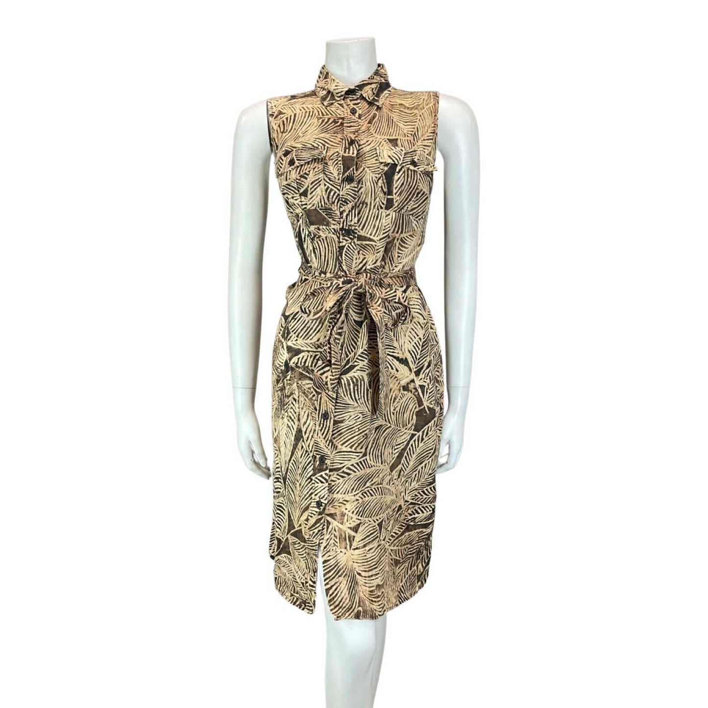 Vintage 90s 00s Brown Beige Ralph Lauren Leaf Print Button Shirt Dress 8 10 S