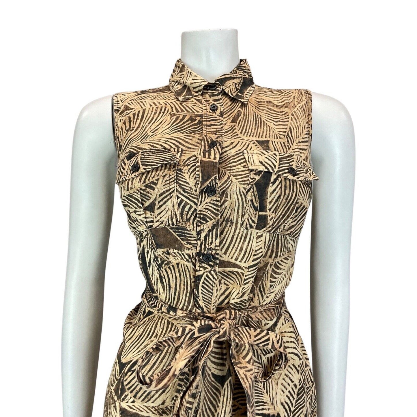 Vintage 90s 00s Brown Beige Ralph Lauren Leaf Print Button Shirt Dress 8 10 S