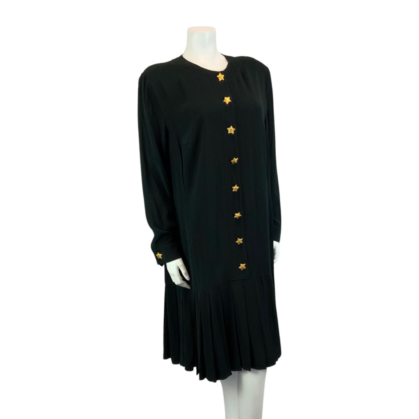 Vintage 90s Black ESCADA Button Up Long Sleeved Drop Waist Pleated Midi Dress L