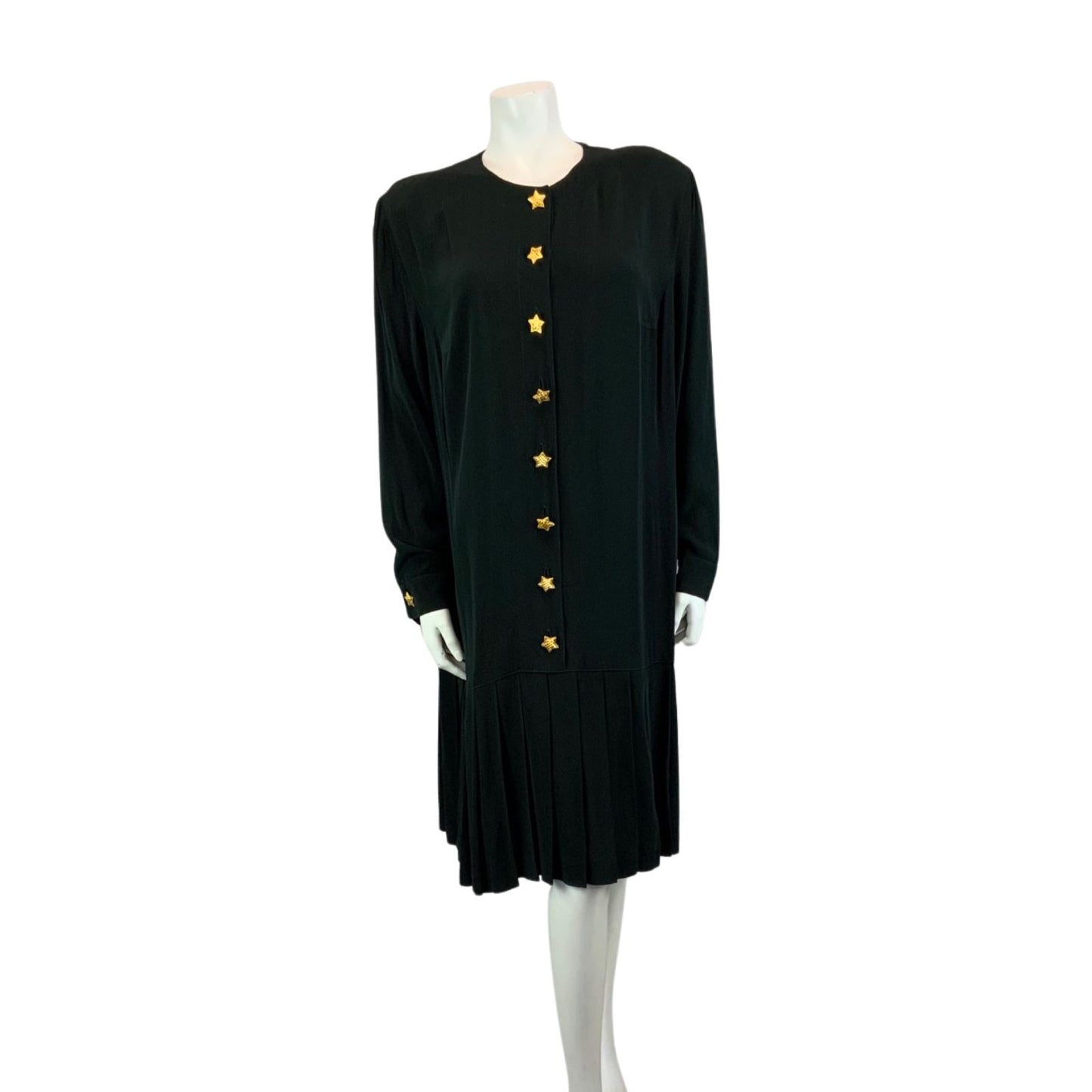 Vintage 90s Black ESCADA Button Up Long Sleeved Drop Waist Pleated Midi Dress L