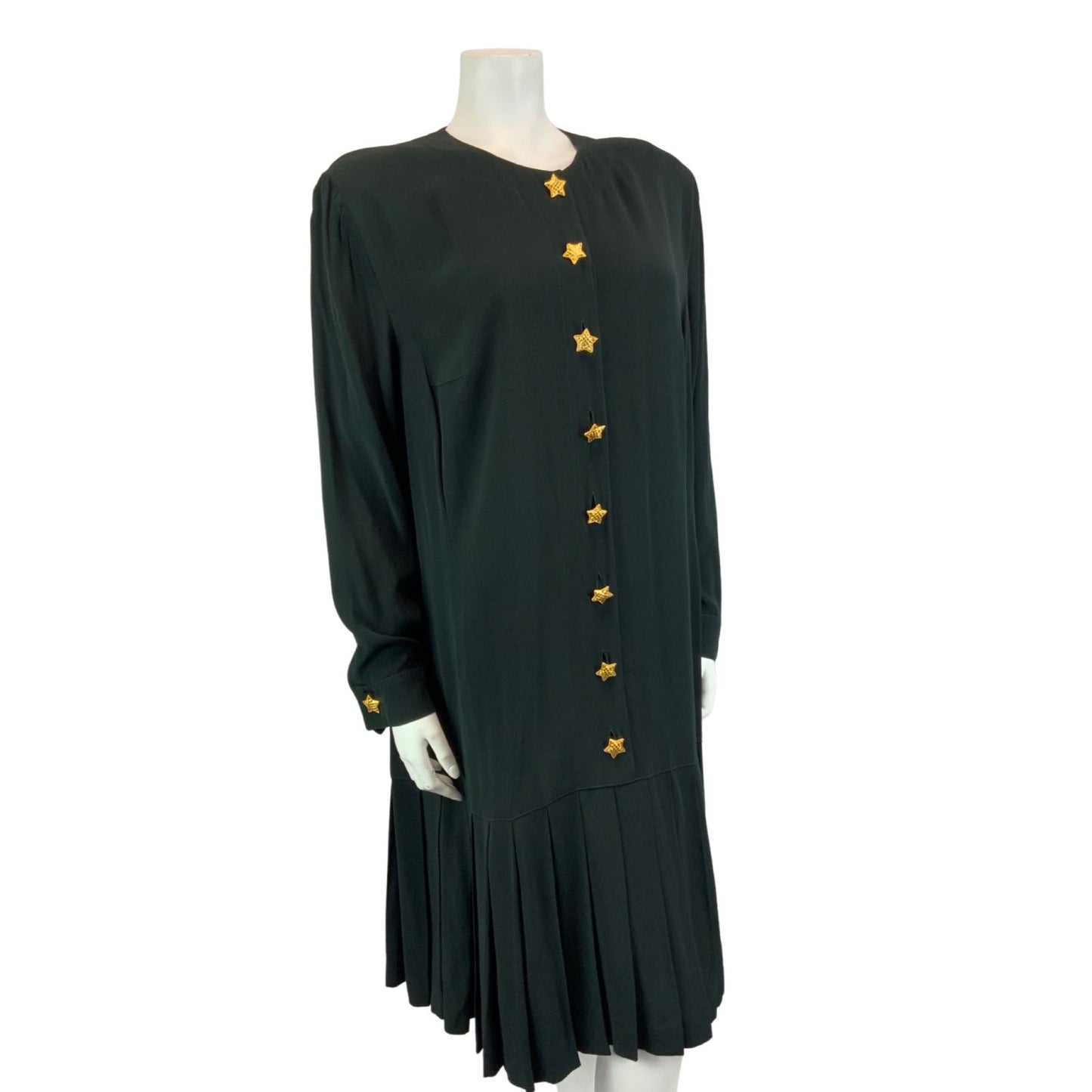 Vintage 90s Black ESCADA Button Up Long Sleeved Drop Waist Pleated Midi Dress L