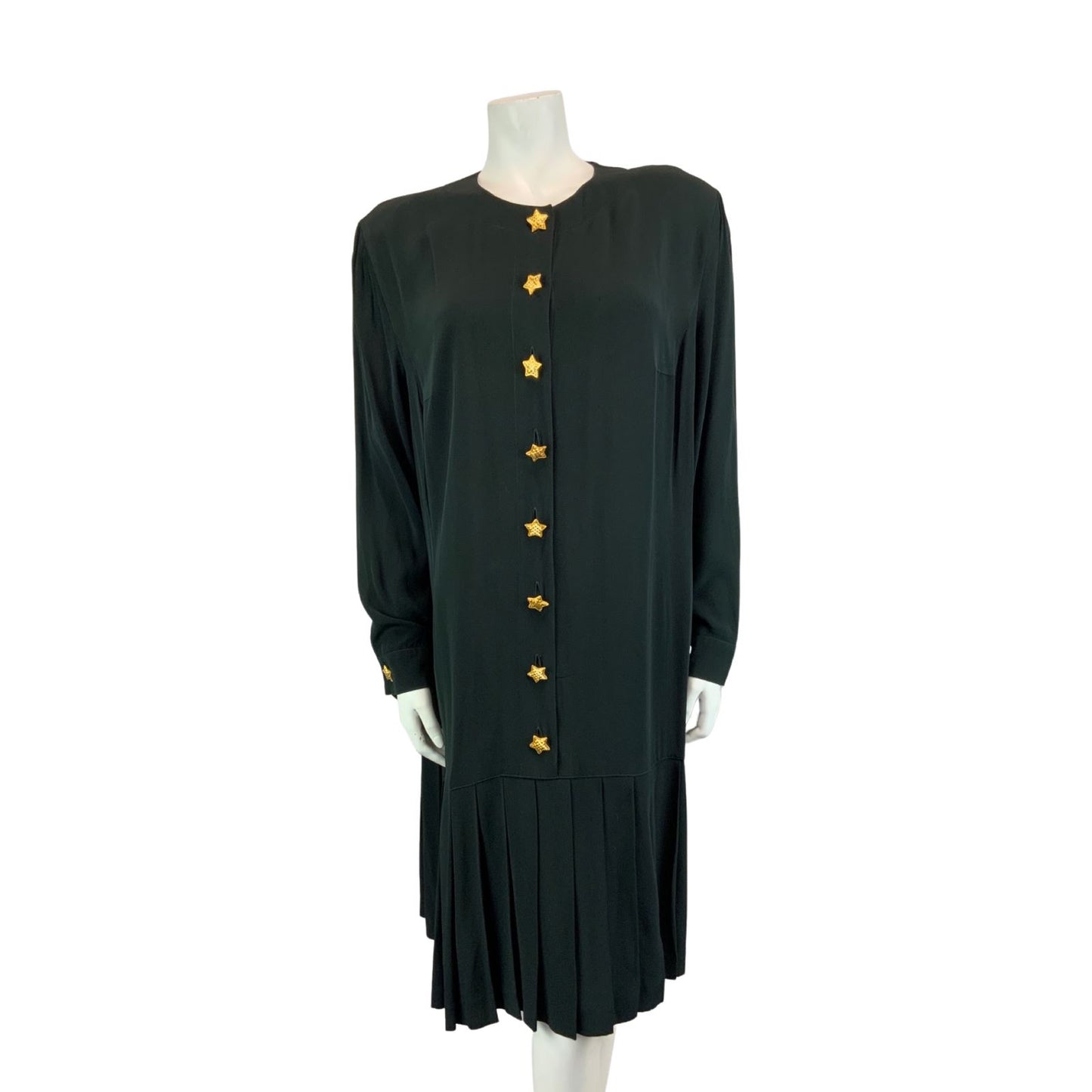 Vintage 90s Black ESCADA Button Up Long Sleeved Drop Waist Pleated Midi Dress L