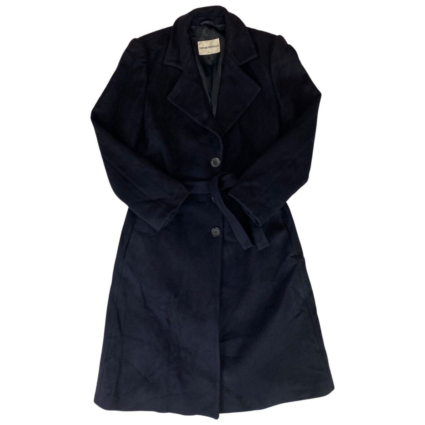 Vintage 00s Black Blue Felted Wool Belted Emporio Armani Princess Coat M 10 12