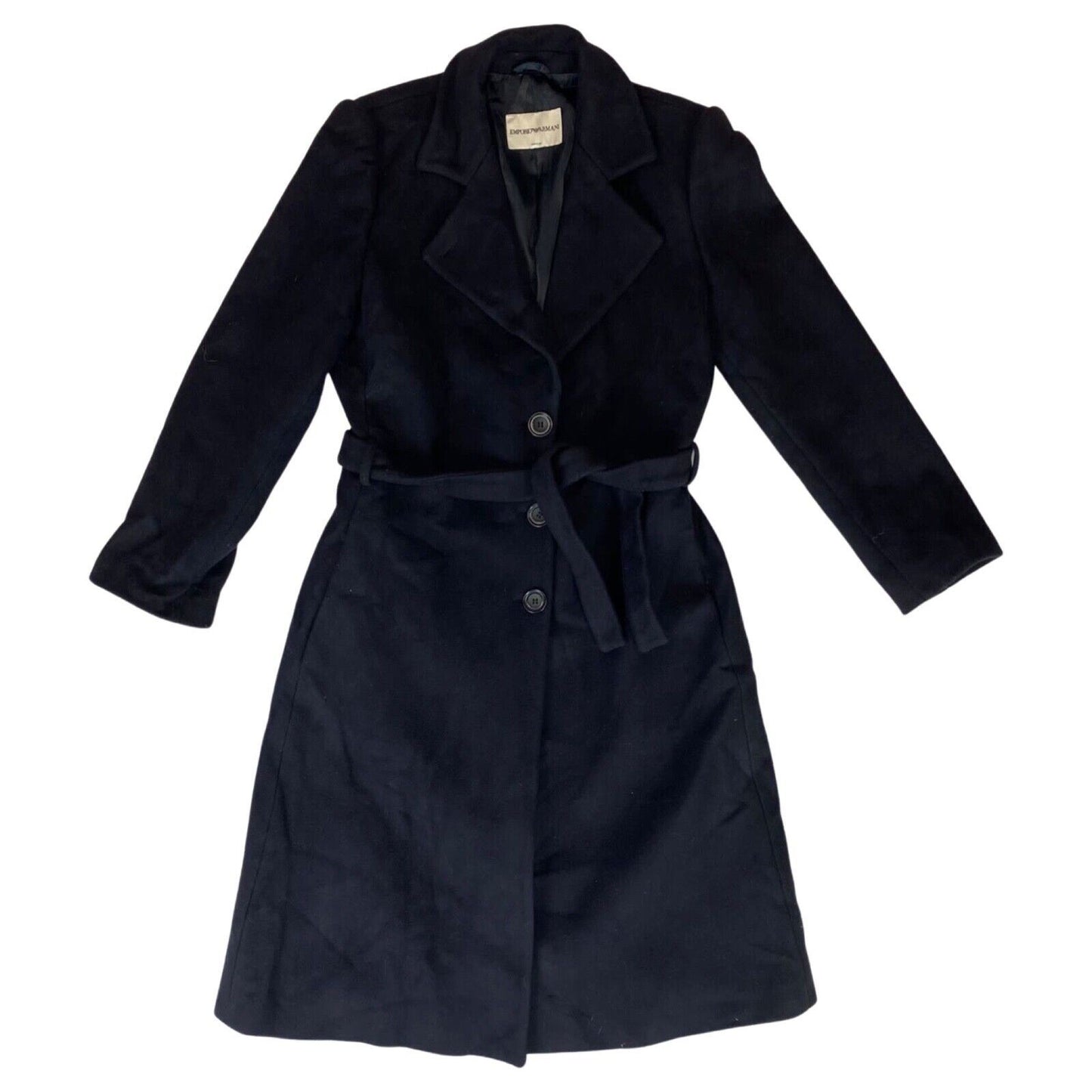 Vintage 00s Black Blue Felted Wool Belted Emporio Armani Princess Coat M 10 12