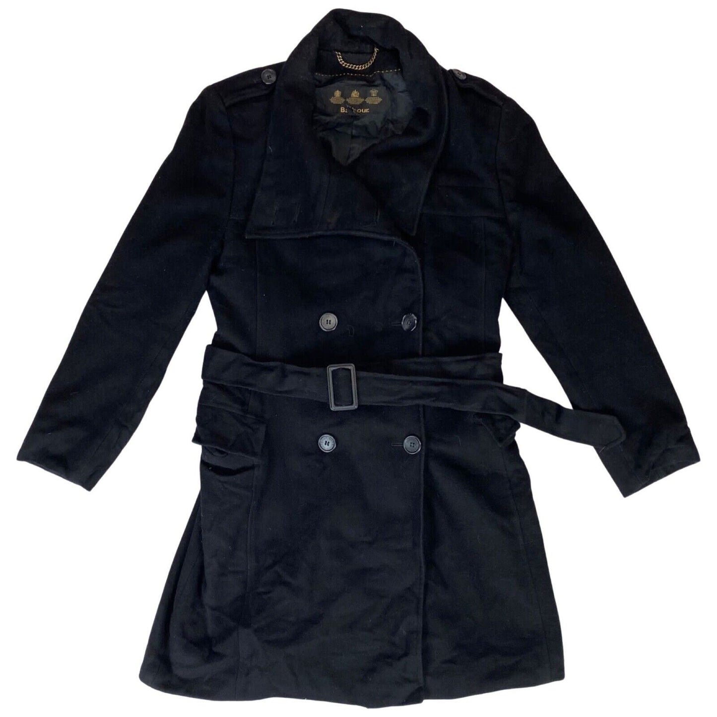 Vintage 00s Black Double-Breasted Belted Barbour Women's Swing Coat M 12