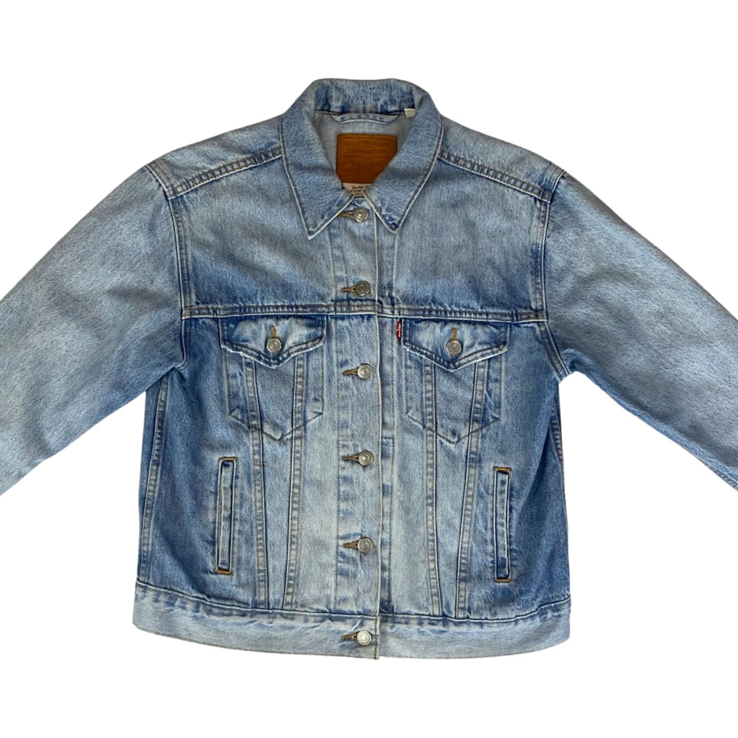 LEVIS PREMIUM BIG E RED TAB TYPE 3 TRUCKER DENIM JACKET WITH CHENILLE PATCH 36”S