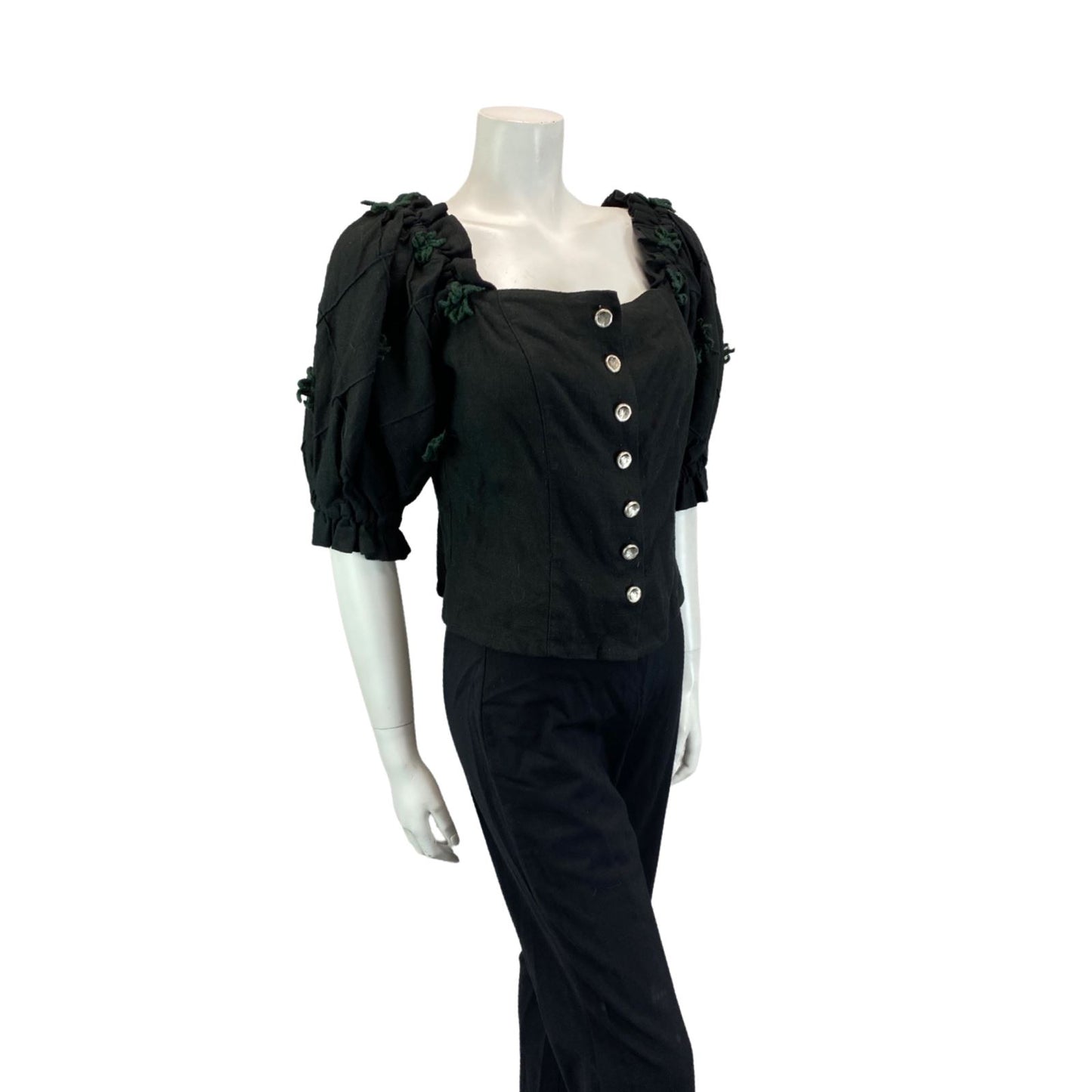 Vintage 90s 00s Black Button Up Tunic Blouse Authentic Tyrolean Linen Top M 1214