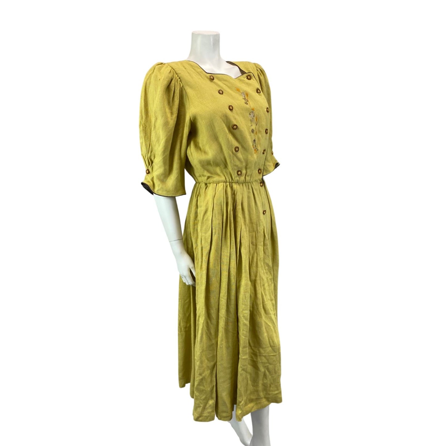 Vintage Yellow Authentic Tyrolean Dirndl Short Sleeve Button Up Maxi Dress M