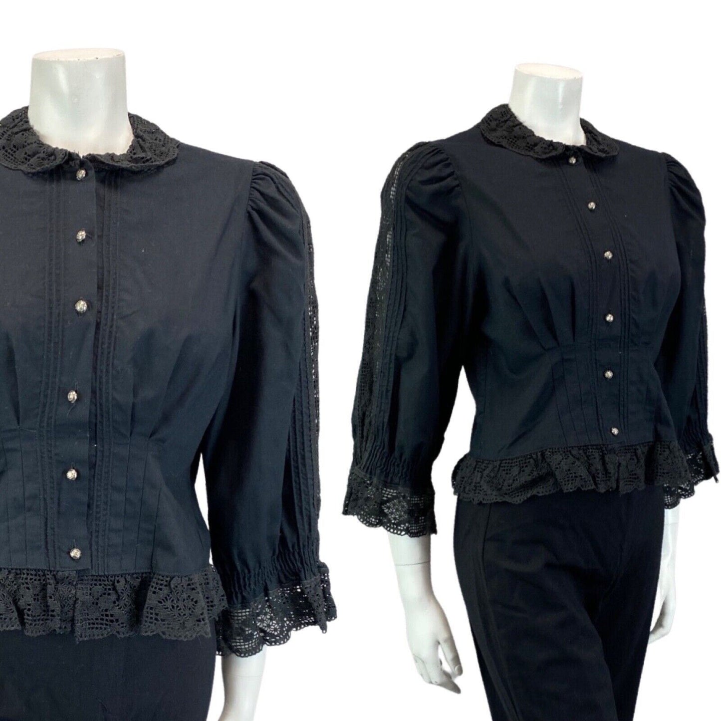 VINTAGE 80S BLACK LACE BOHO FOLK COLLARD SHIRT BLOUSE 8 10 S