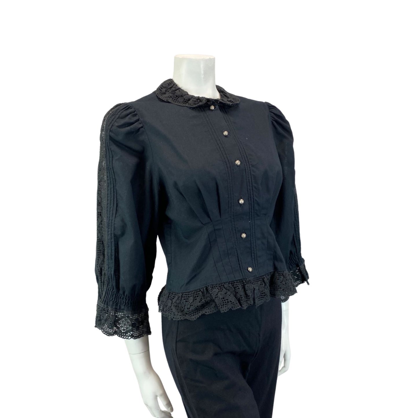 VINTAGE 80S BLACK LACE BOHO FOLK COLLARD SHIRT BLOUSE 8 10 S