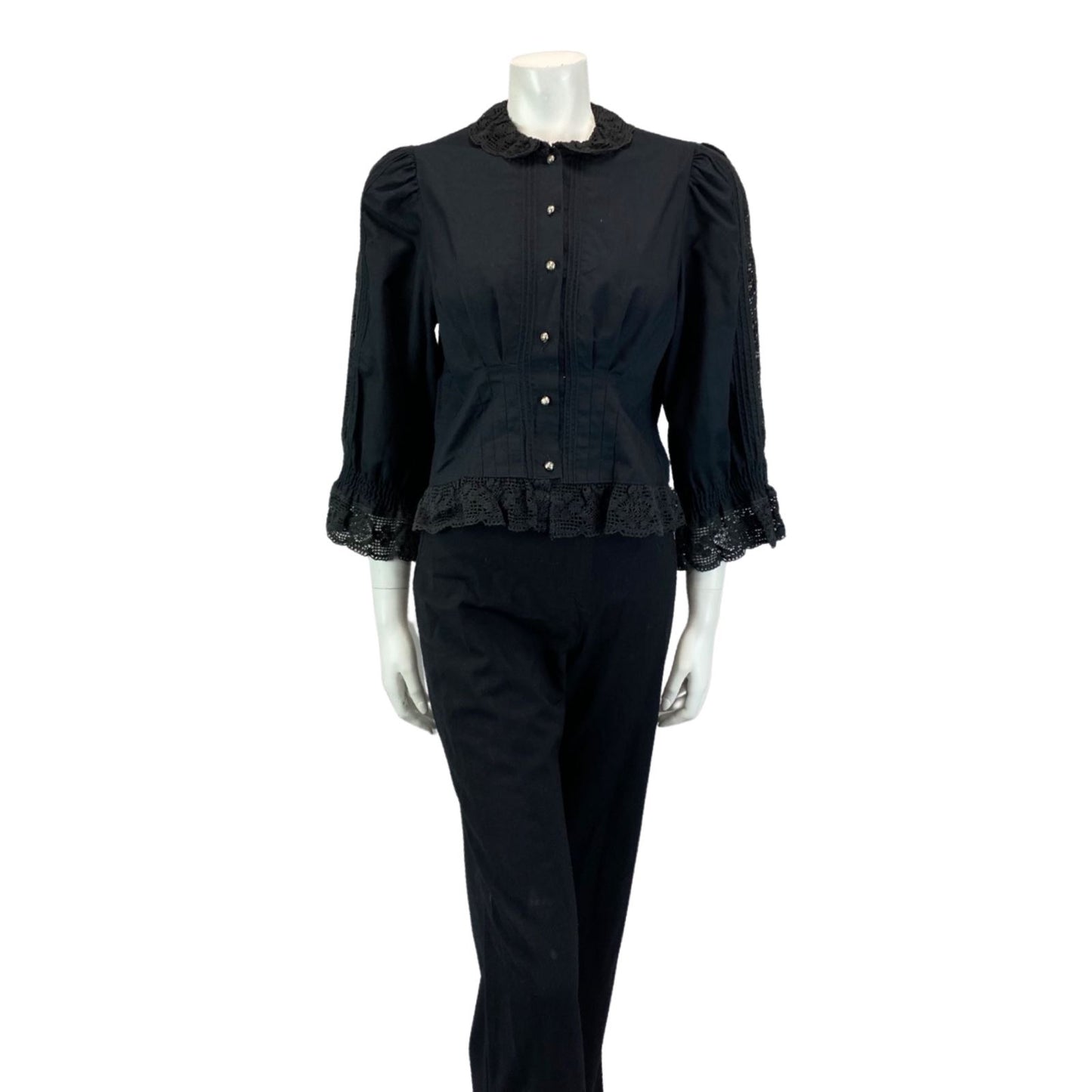 VINTAGE 80S BLACK LACE BOHO FOLK COLLARD SHIRT BLOUSE 8 10 S