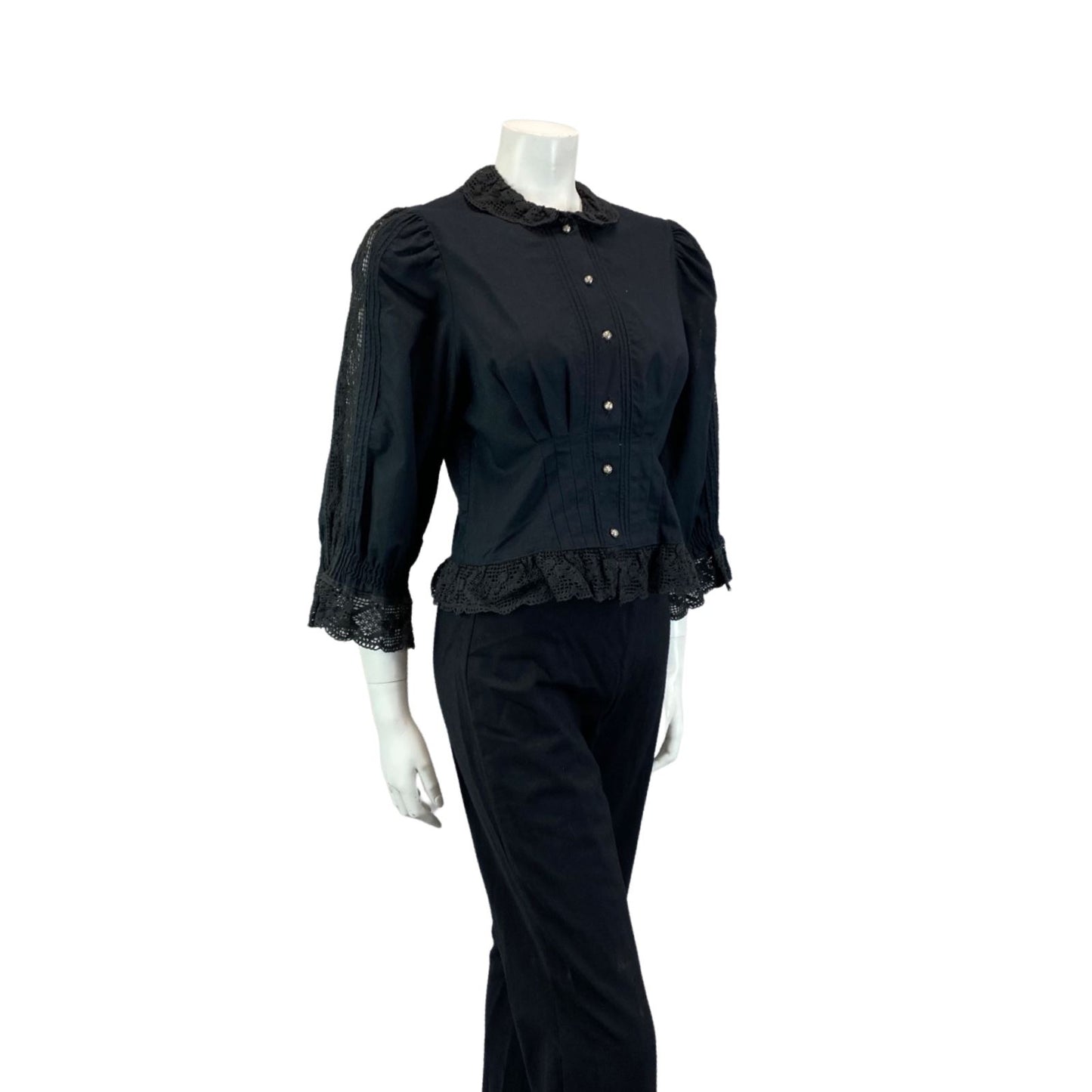 VINTAGE 80S BLACK LACE BOHO FOLK COLLARD SHIRT BLOUSE 8 10 S