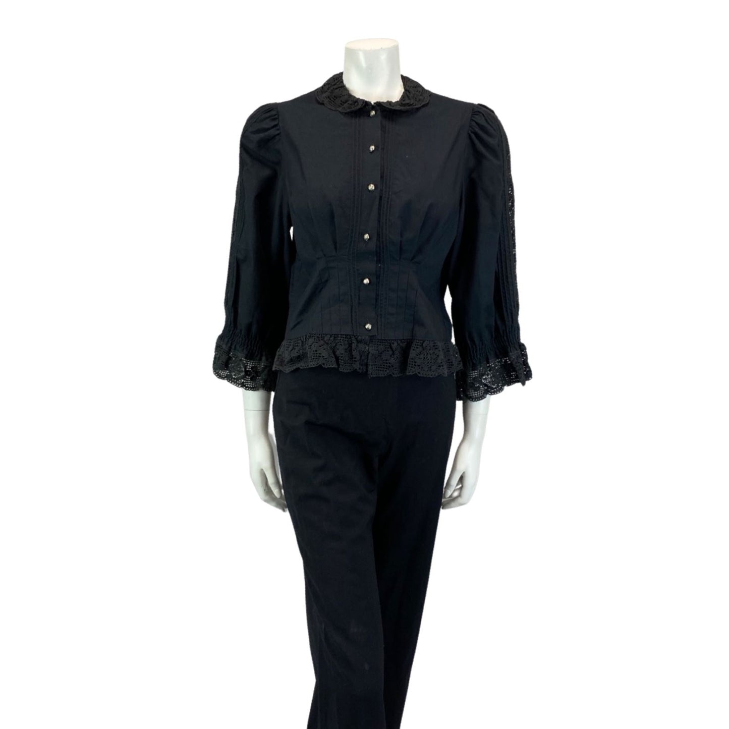 VINTAGE 80S BLACK LACE BOHO FOLK COLLARD SHIRT BLOUSE 8 10 S