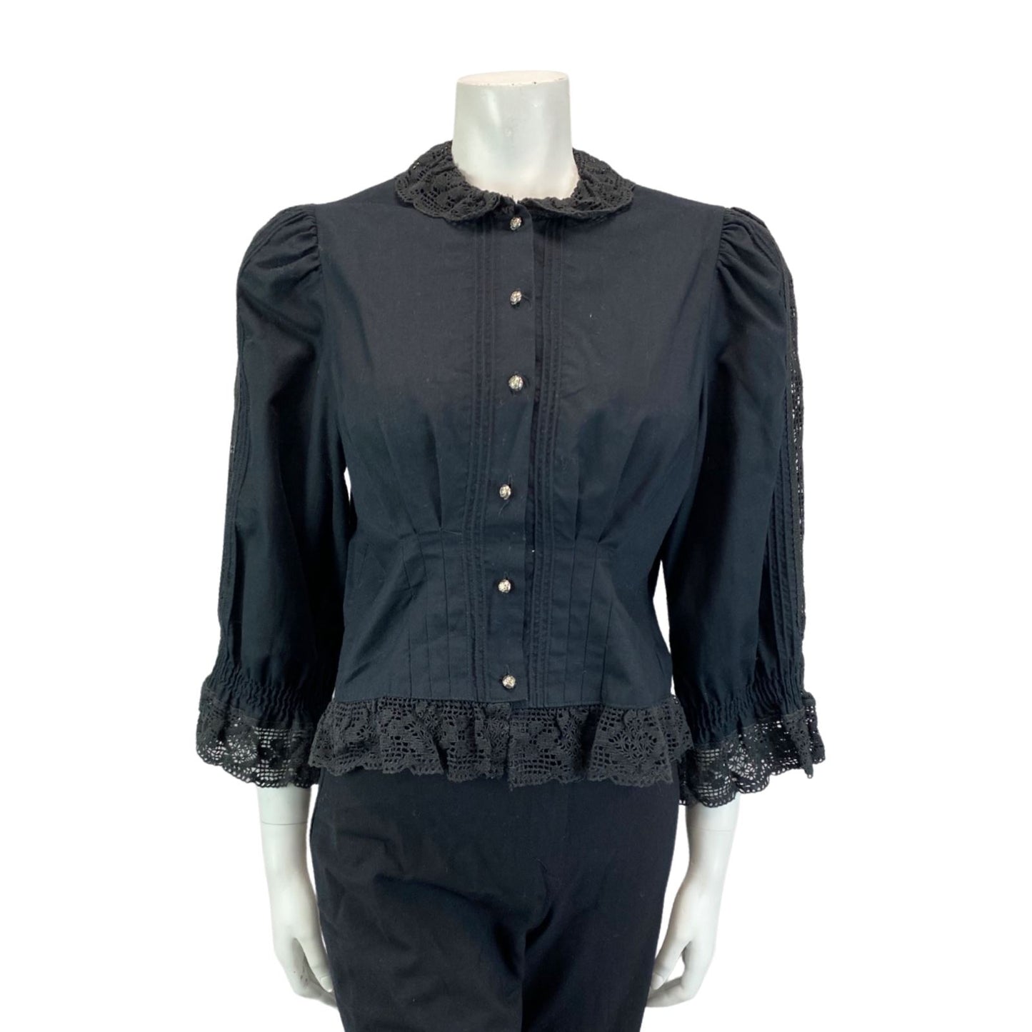 VINTAGE 80S BLACK LACE BOHO FOLK COLLARD SHIRT BLOUSE 8 10 S
