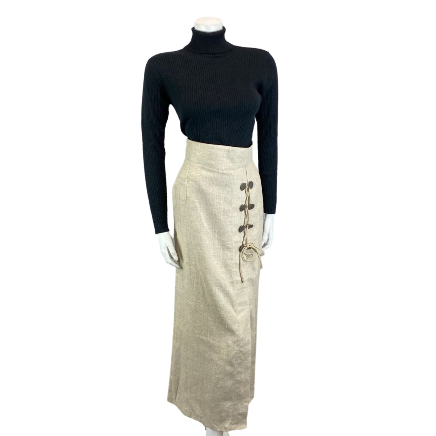 Vintage 90s Cream Landhaus Linen Lace Up Long Line Straight Maxi Skirt S 8/10