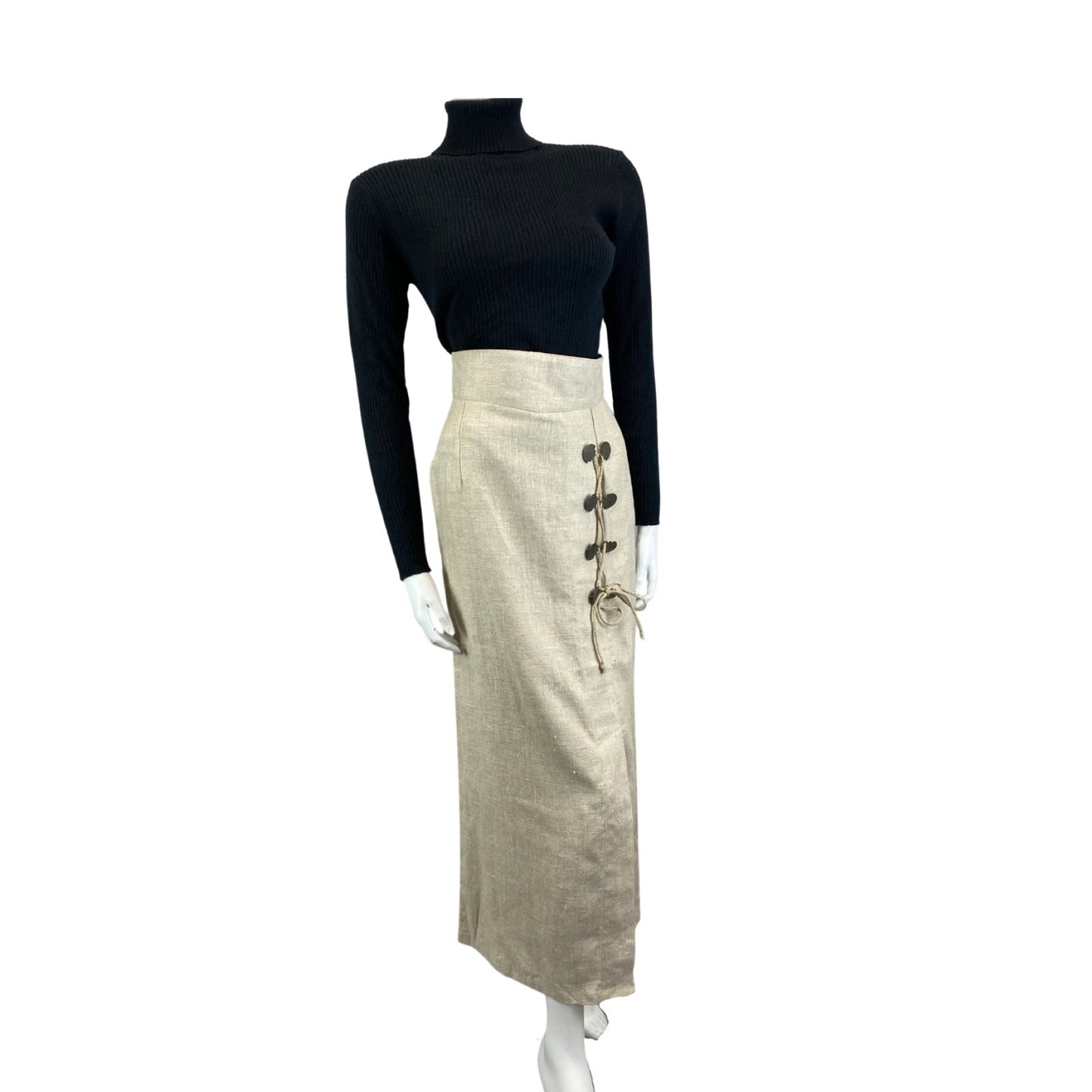 Vintage 90s Cream Landhaus Linen Lace Up Long Line Straight Maxi Skirt S 8/10