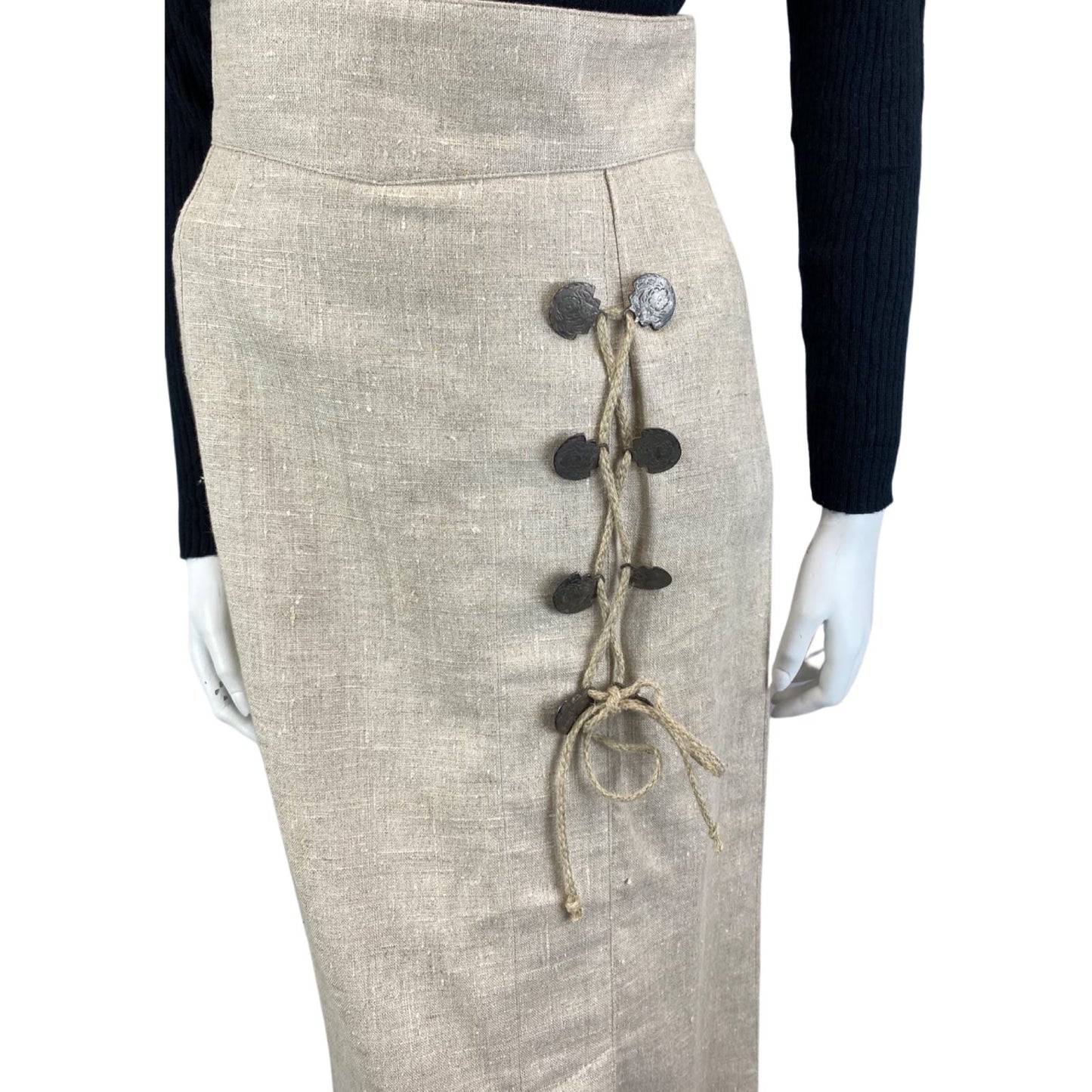 Vintage 90s Cream Landhaus Linen Lace Up Long Line Straight Maxi Skirt S 8/10