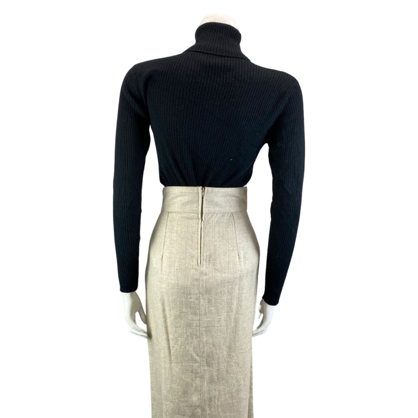 Vintage 90s Cream Landhaus Linen Lace Up Long Line Straight Maxi Skirt S 8/10