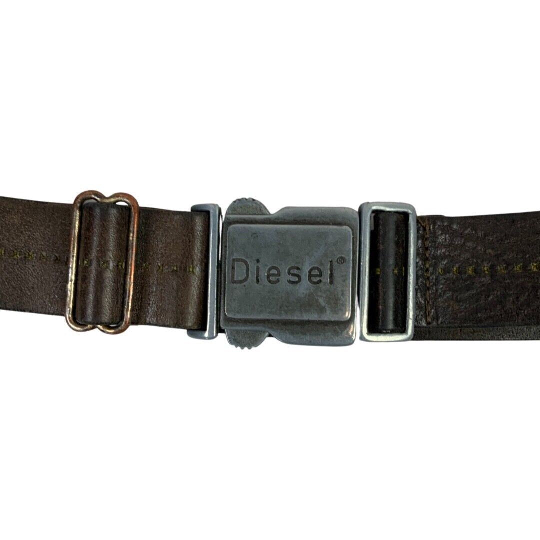 Vintage 90s 00s Brown Diesel Engraved Embossed Leather Branded Chunky Belt M