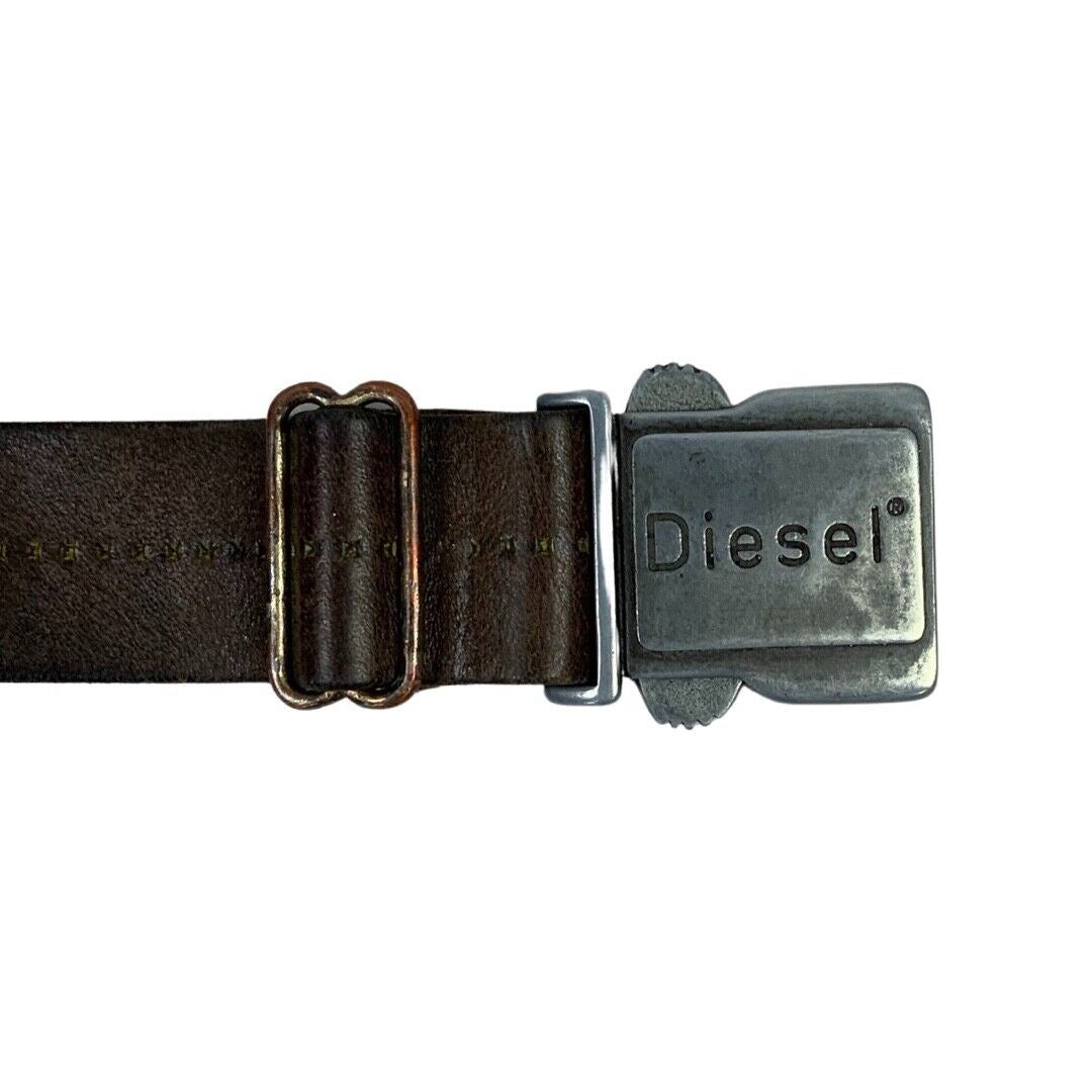 Vintage 90s 00s Brown Diesel Engraved Embossed Leather Branded Chunky Belt M