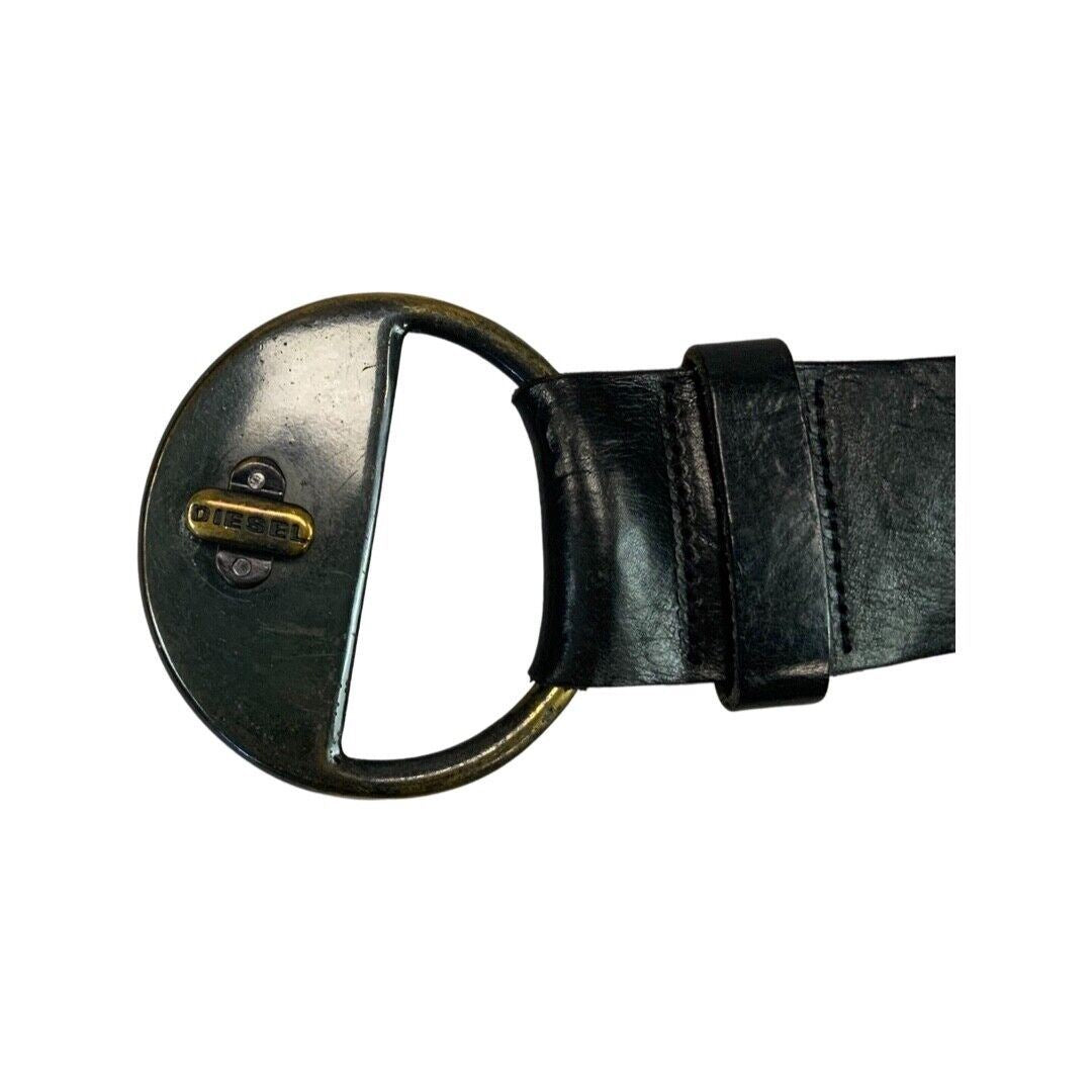 Vintage 00s Y2K Black Diesel Leather Designer Branded Engraved Chunky Belt M/L