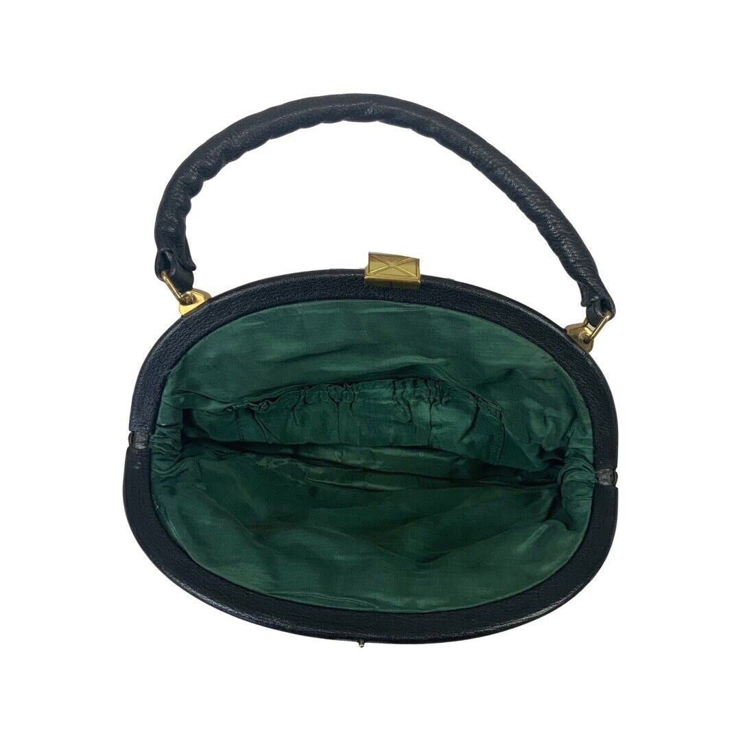 Vintage 80s 90s Black Faux Leather Oval Frame Bag Party Disco Handbag