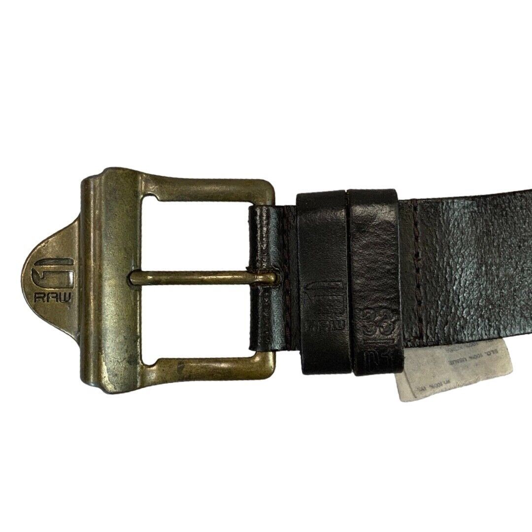 Vintage 90s 00s Brown Leather GSTAR Raw Denim Engraved Embossed Branded Belt L