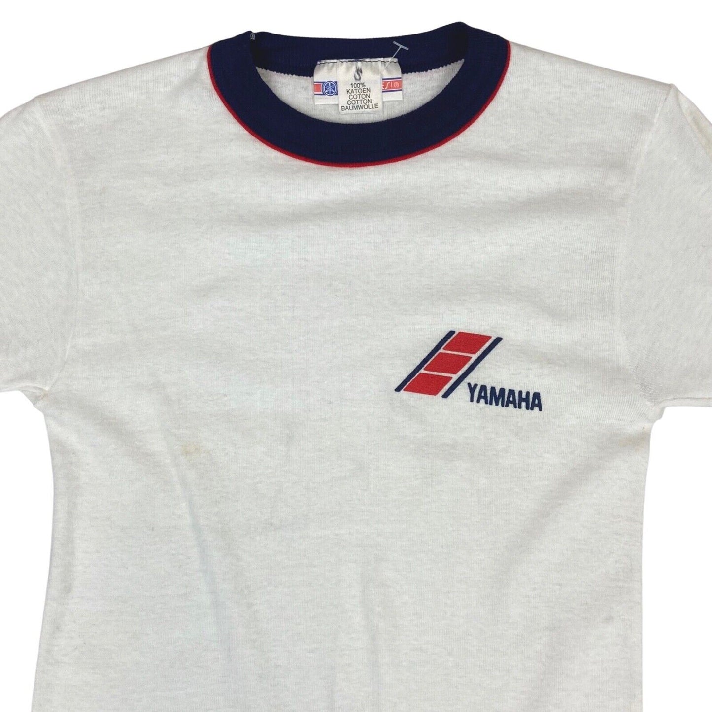 Vintage 70s White Blue Red Yamaha T-Shirt Skinny Rib Fit Top Baby Tee S 8 10