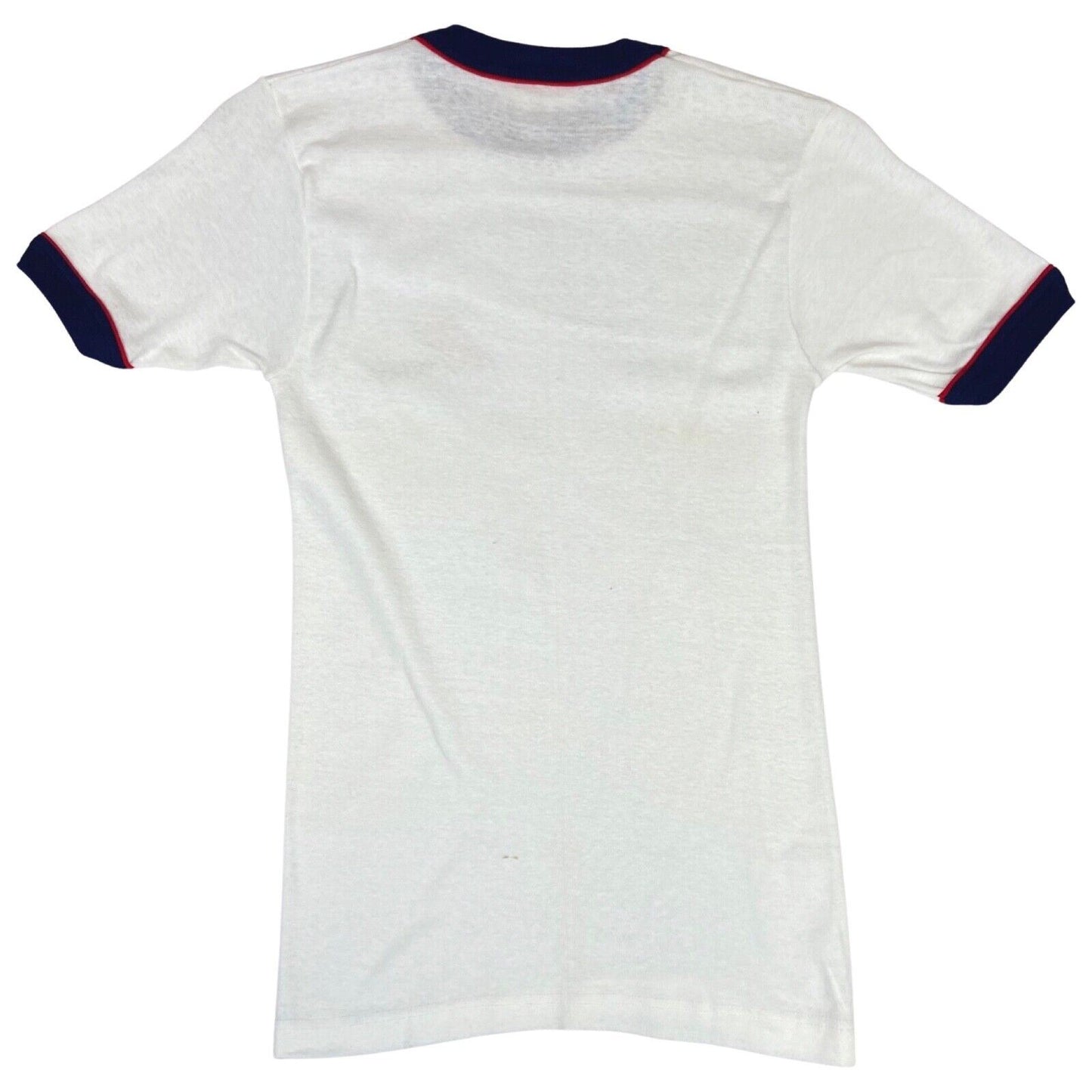 Vintage 70s White Blue Red Yamaha T-Shirt Skinny Rib Fit Top Baby Tee S 8 10