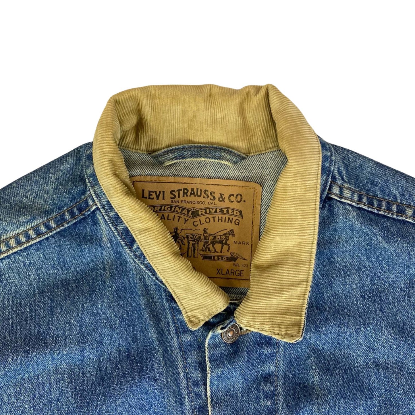 VTG USA 90s STONEWASH BLUE LEVIS 75557 RED TAB TYPE3 TRUCKER DENIM JACKET 48” XL