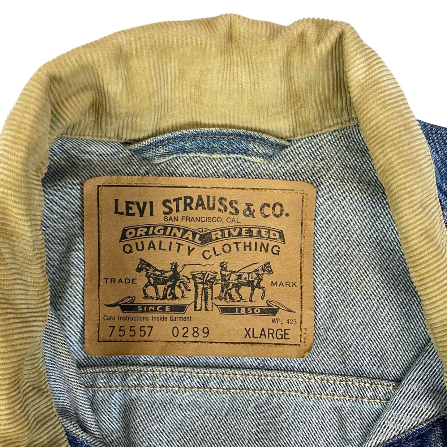 VTG USA 90s STONEWASH BLUE LEVIS 75557 RED TAB TYPE3 TRUCKER DENIM JACKET 48” XL