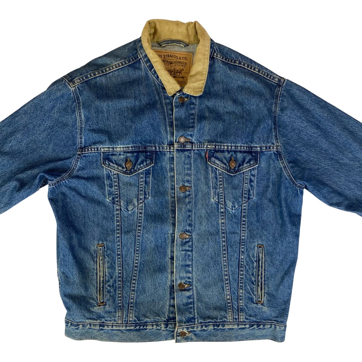 VTG USA 90s STONEWASH BLUE LEVIS 75557 RED TAB TYPE3 TRUCKER DENIM JACKET 48” XL