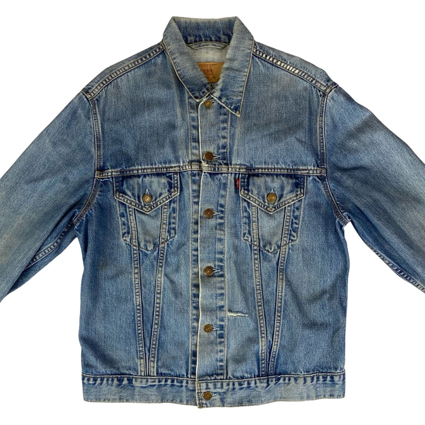 VTG 90s FADED BLUE DISTRESSED LEVIS RED TAB TYPE 3 TRUCKER DENIM JACKET 41” M