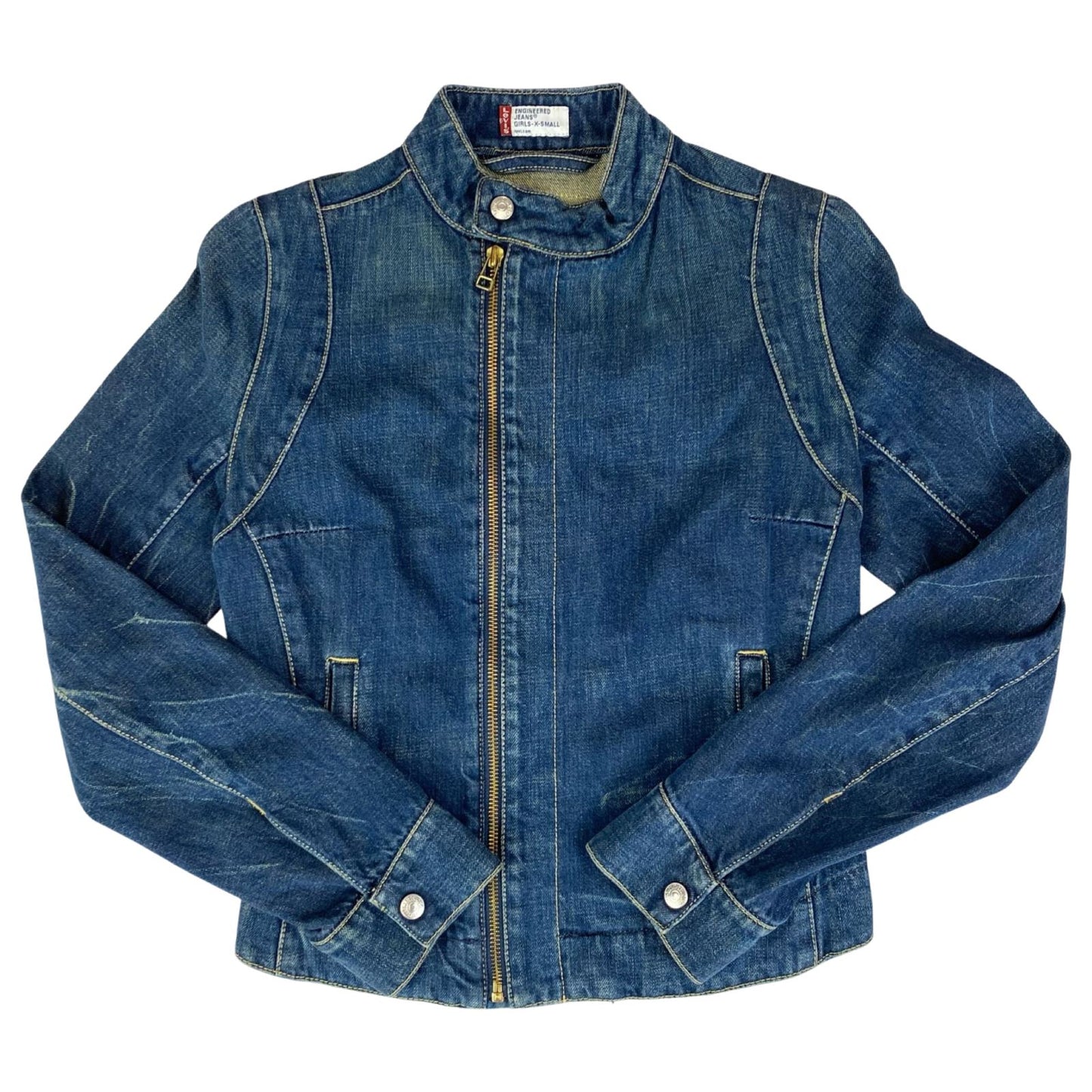 VTG 90s LEVIS INDIGO ENGINEERED GIRLS DENIM BIKER JACKET ROCKABILLY 30” CHEST XS