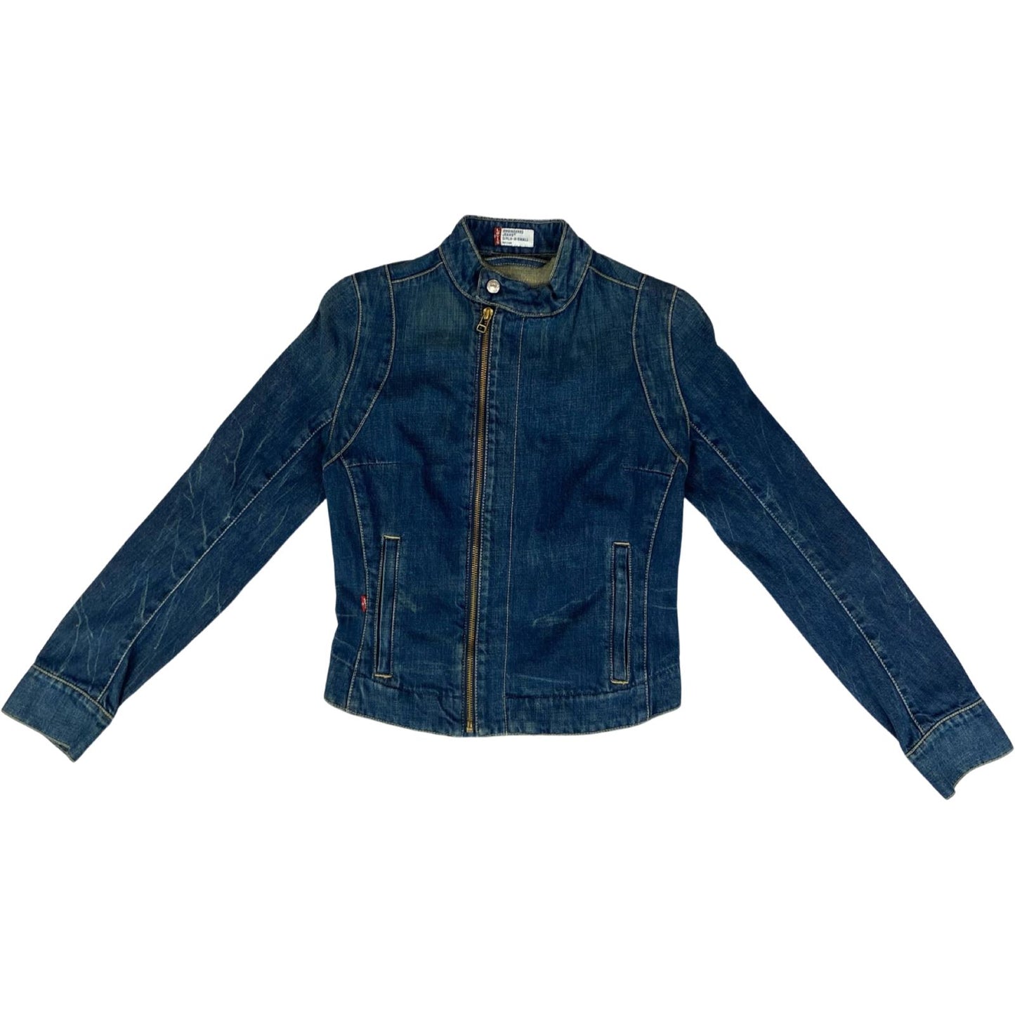 VTG 90s LEVIS INDIGO ENGINEERED GIRLS DENIM BIKER JACKET ROCKABILLY 30” CHEST XS