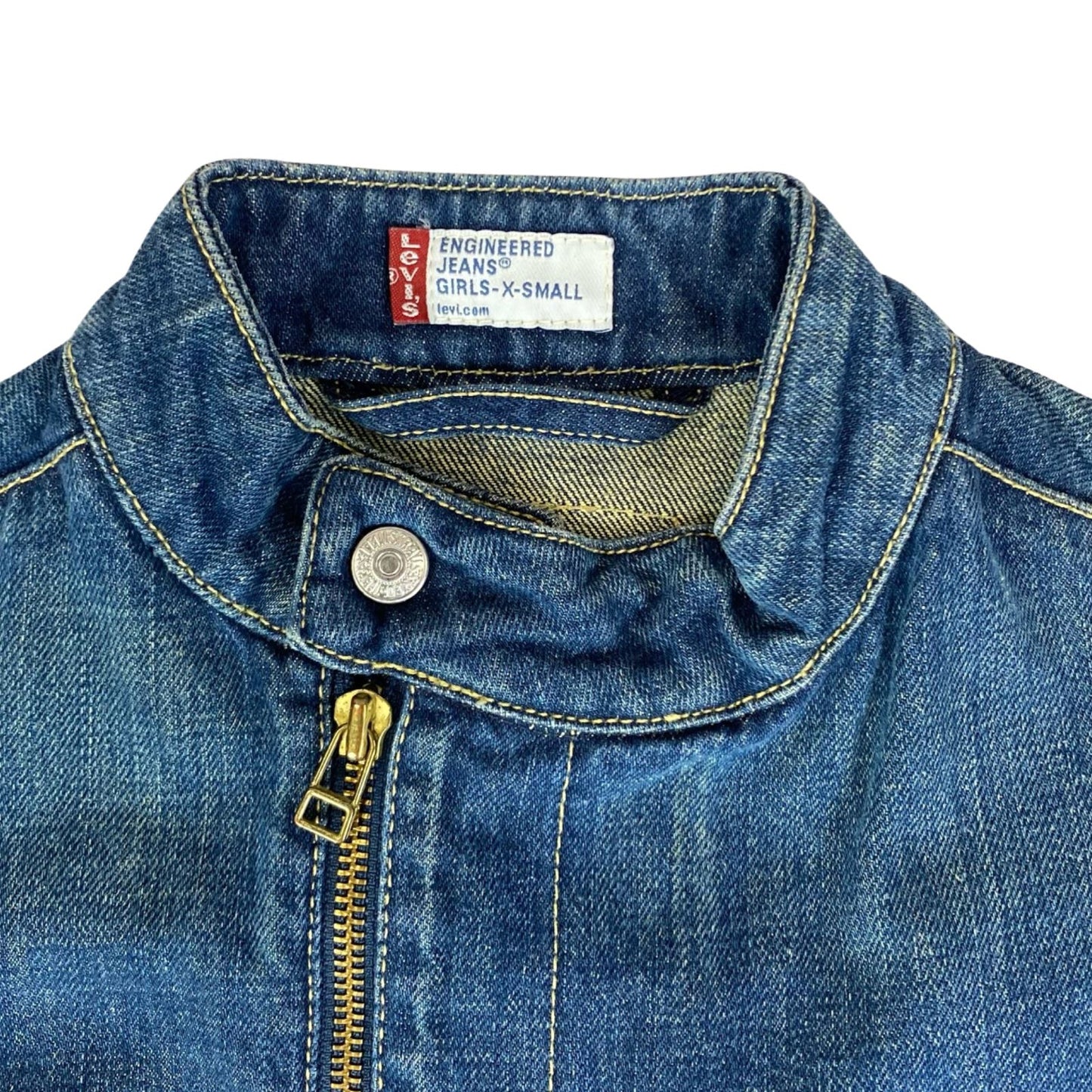 VTG 90s LEVIS INDIGO ENGINEERED GIRLS DENIM BIKER JACKET ROCKABILLY 30” CHEST XS