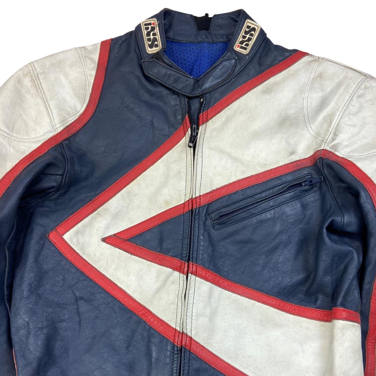 VTG 80s IXS LEATHER BIKER JACKET ZIP MOTORCYCLE RACING ROCKER 34” XS