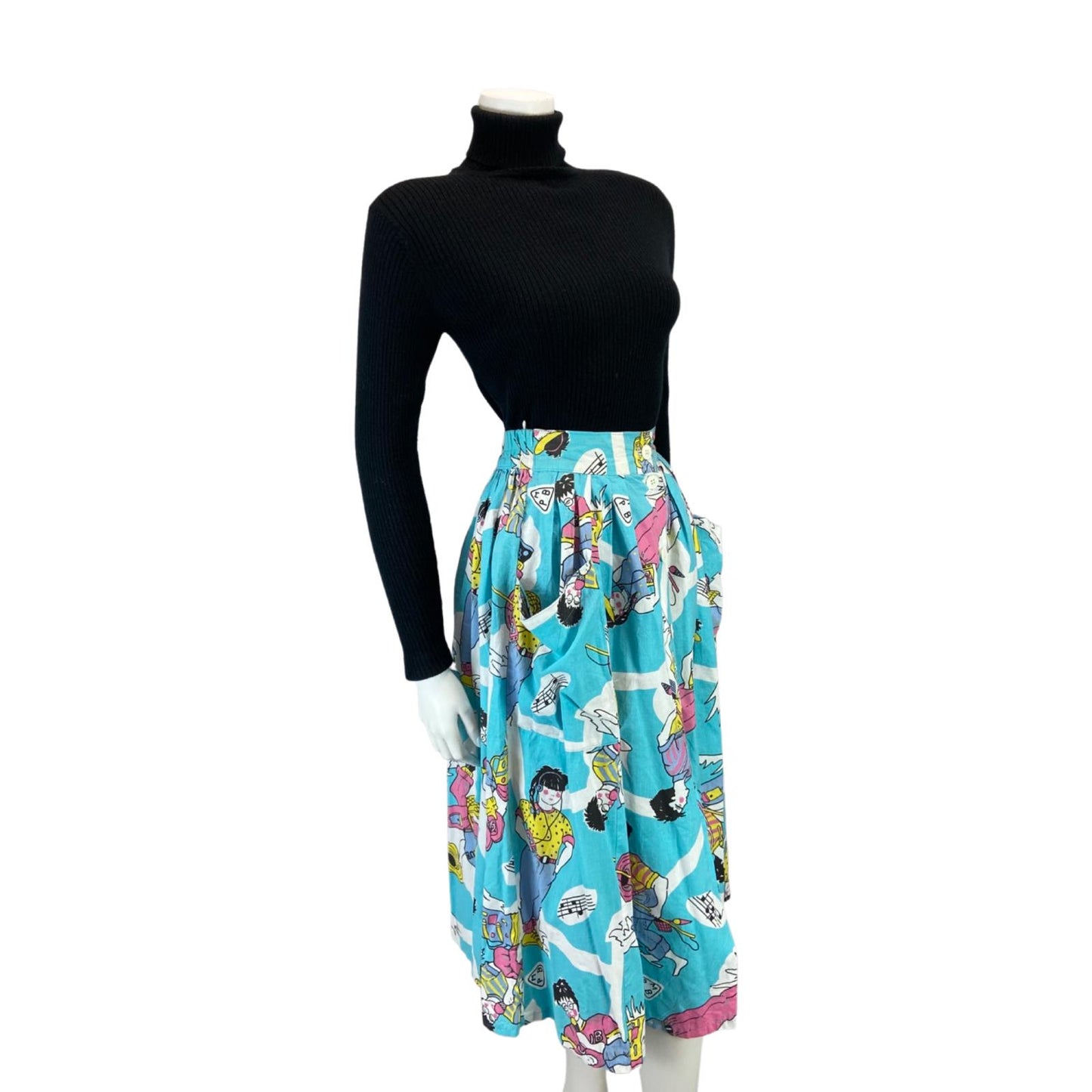 VINTAGE 80S BLUE GRAPHIC PRINT BOLD CARTOON SWING BUTTON DOWN MIDI SKIRT