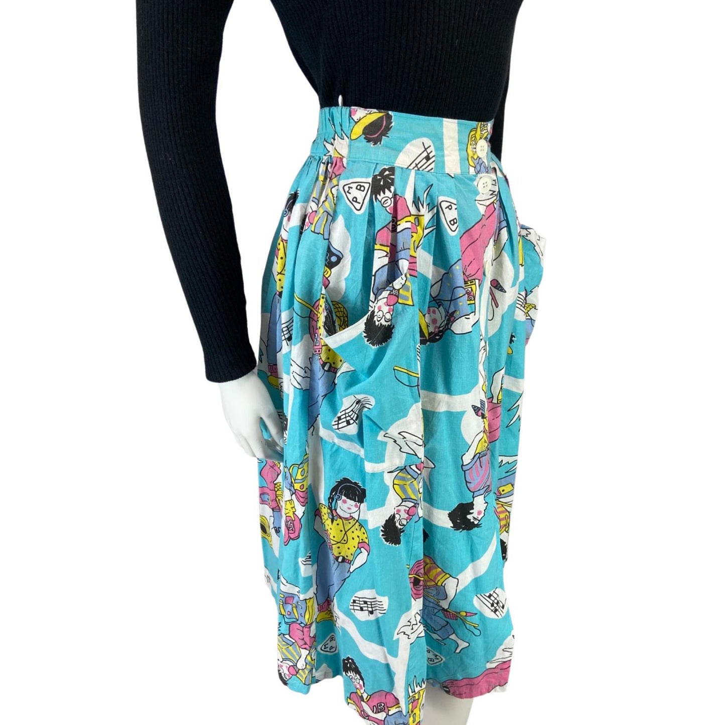 VINTAGE 80S BLUE GRAPHIC PRINT BOLD CARTOON SWING BUTTON DOWN MIDI SKIRT
