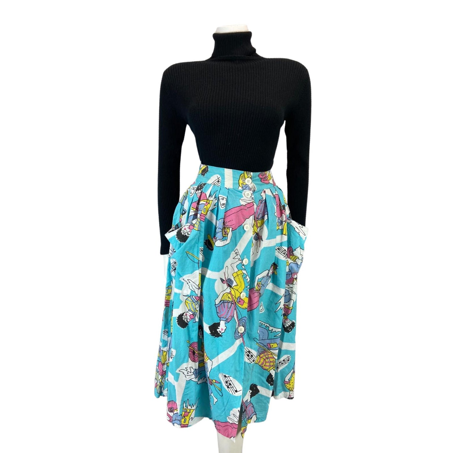 VINTAGE 80S BLUE GRAPHIC PRINT BOLD CARTOON SWING BUTTON DOWN MIDI SKIRT