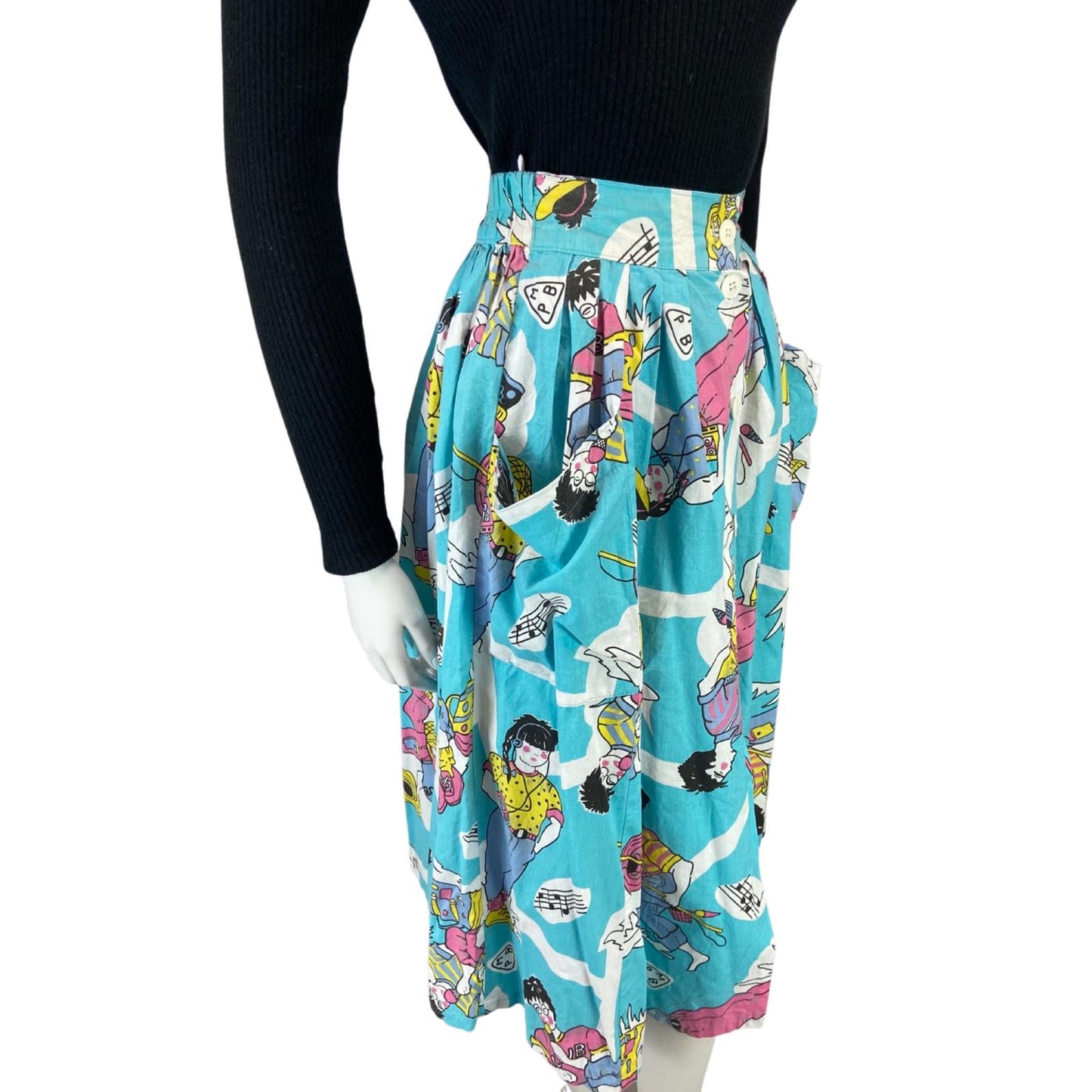 VINTAGE 80S BLUE GRAPHIC PRINT BOLD CARTOON SWING BUTTON DOWN MIDI SKIRT