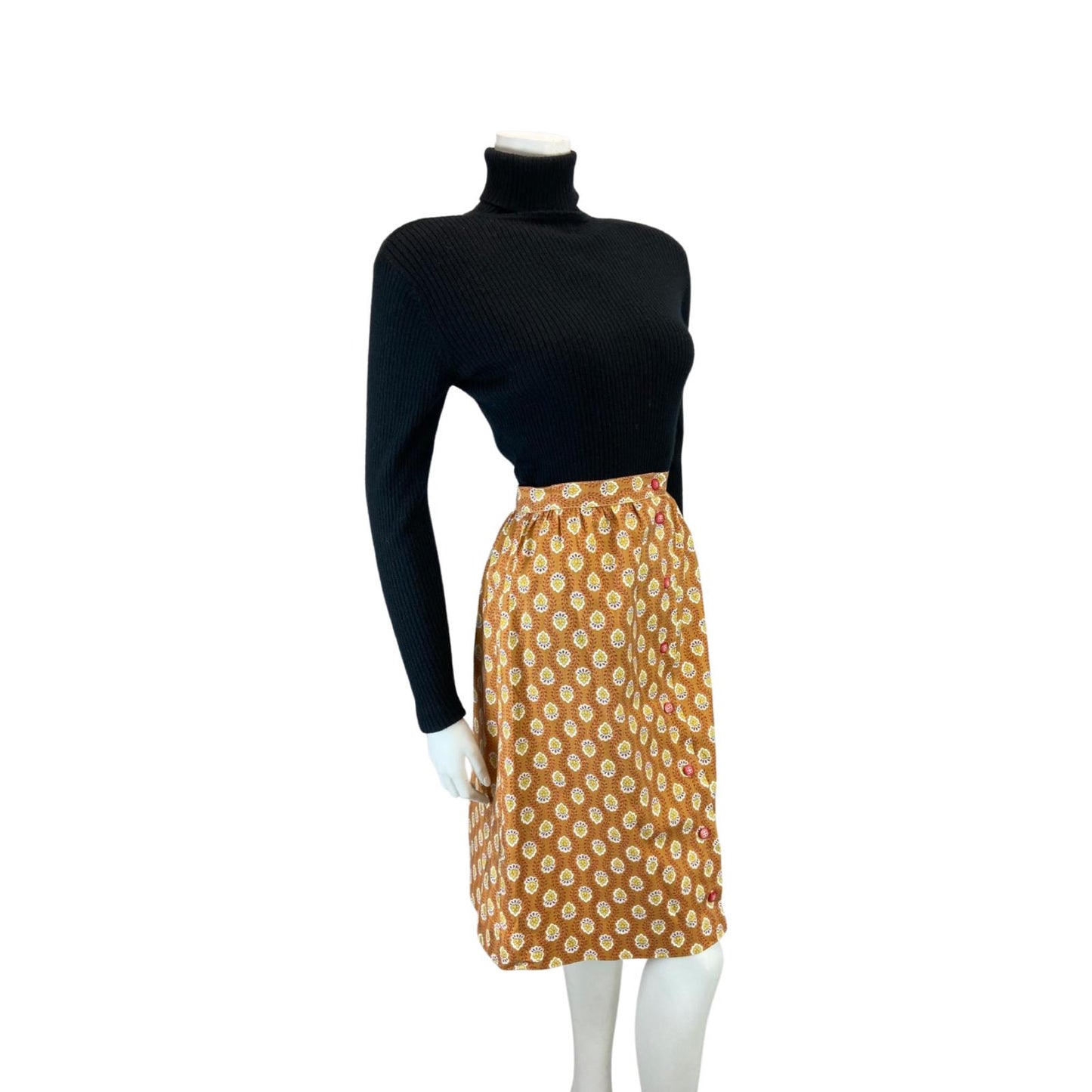 VINTAGE 70S 80S ORANGE YELLOW FLORAL BUTTON DOWN SWING MIDI SKIRT S 8 10