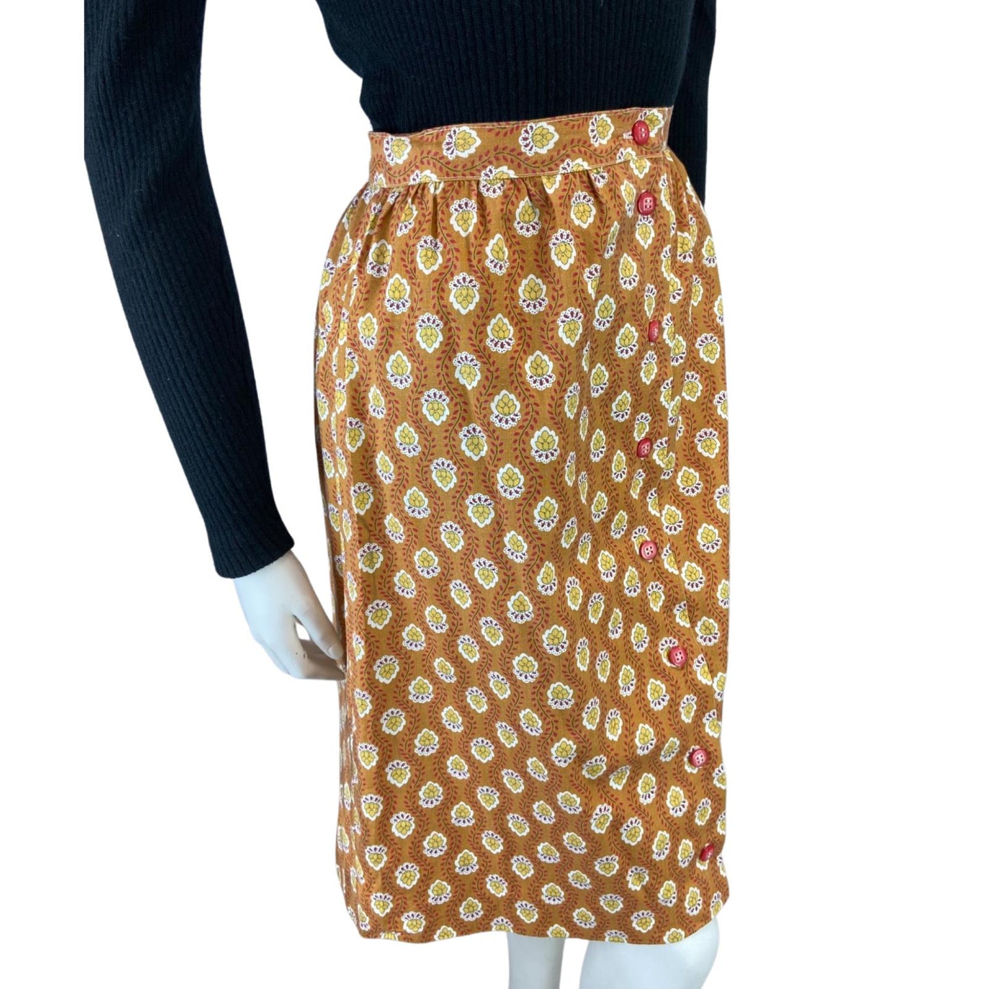 VINTAGE 70S 80S ORANGE YELLOW FLORAL BUTTON DOWN SWING MIDI SKIRT S 8 10