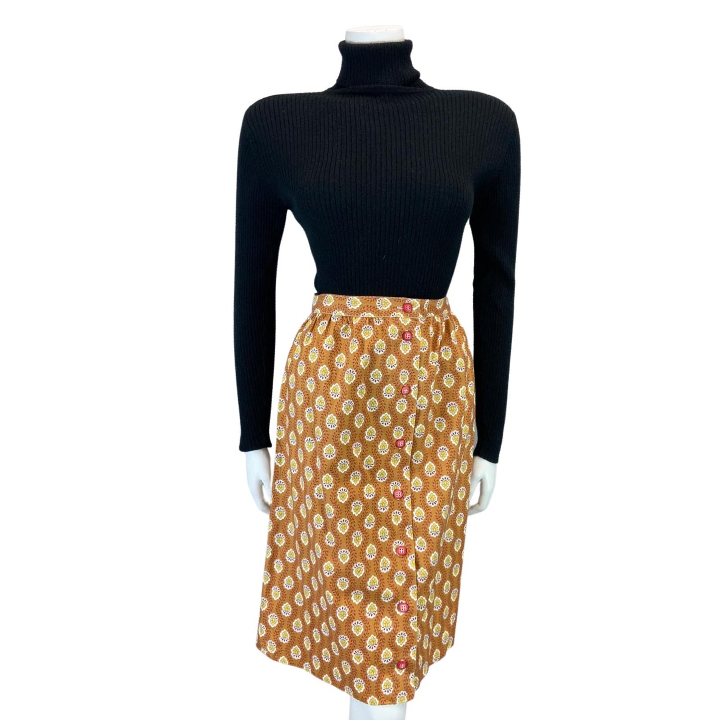 VINTAGE 70S 80S ORANGE YELLOW FLORAL BUTTON DOWN SWING MIDI SKIRT S 8 10
