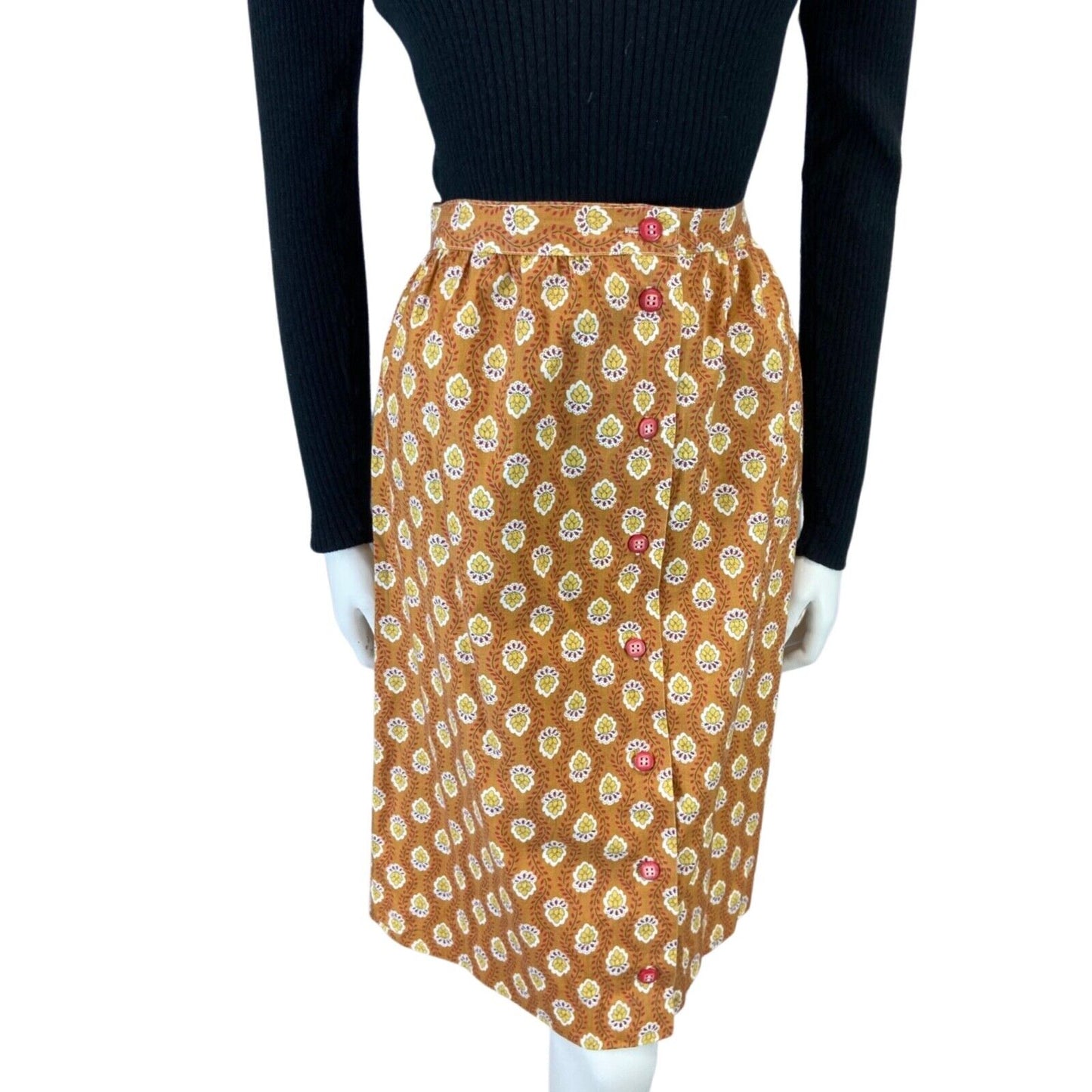 VINTAGE 70S 80S ORANGE YELLOW FLORAL BUTTON DOWN SWING MIDI SKIRT S 8 10
