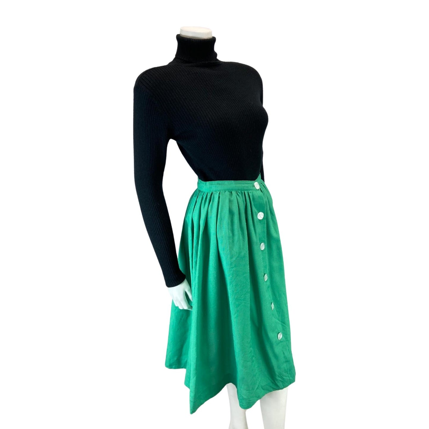 VINTAGE 80S GREEN BUTTON DOWN SWING MIDI SKIRT XS 6