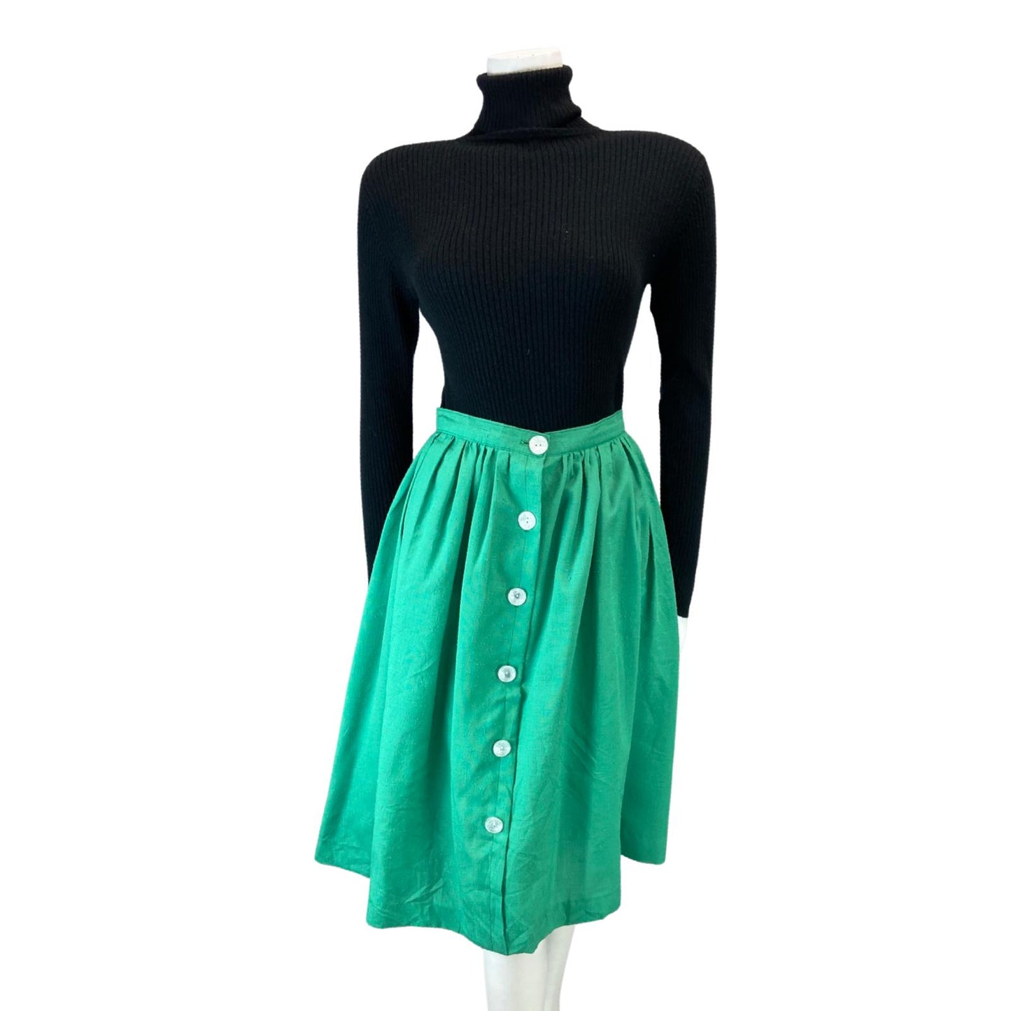 VINTAGE 80S GREEN BUTTON DOWN SWING MIDI SKIRT XS 6