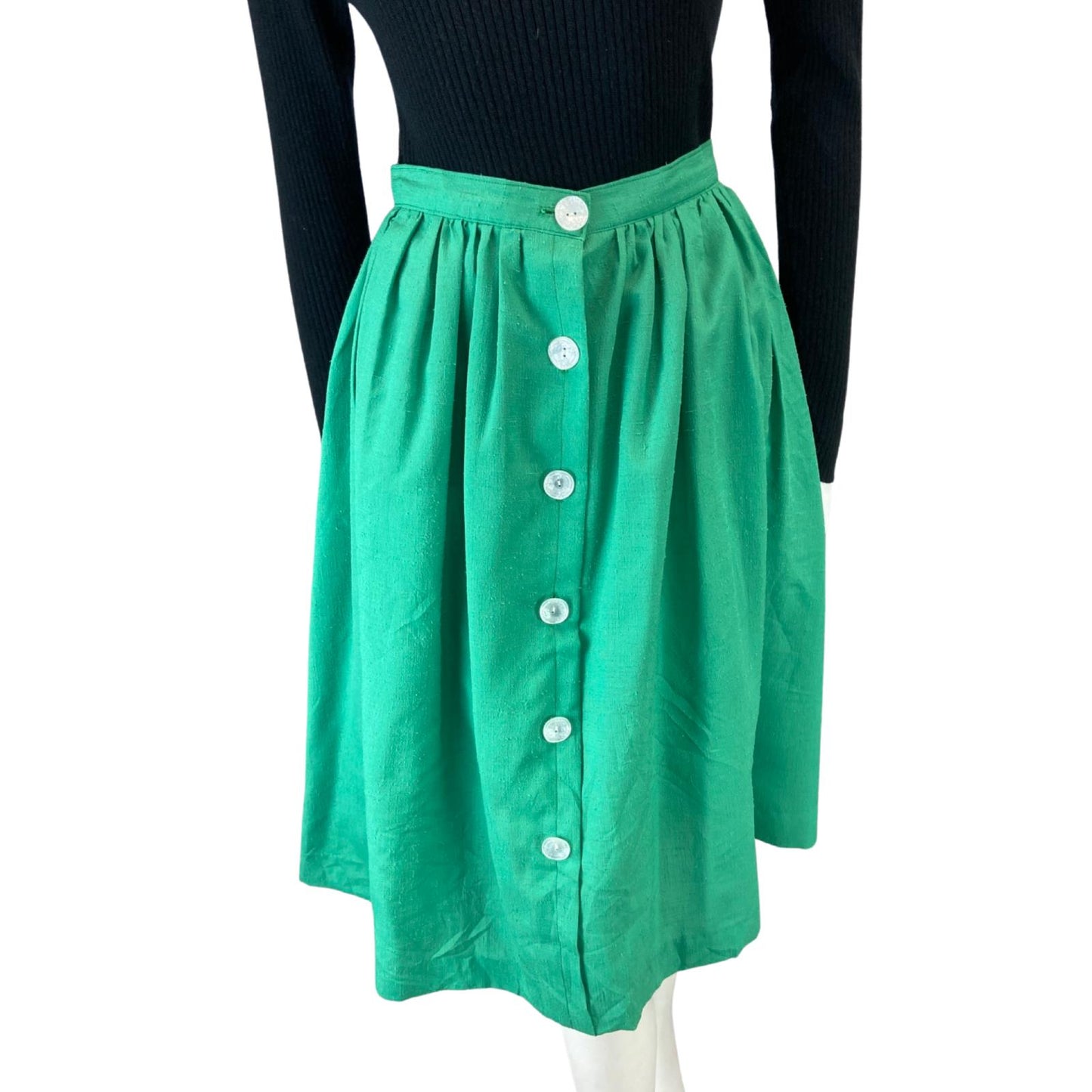 VINTAGE 80S GREEN BUTTON DOWN SWING MIDI SKIRT XS 6