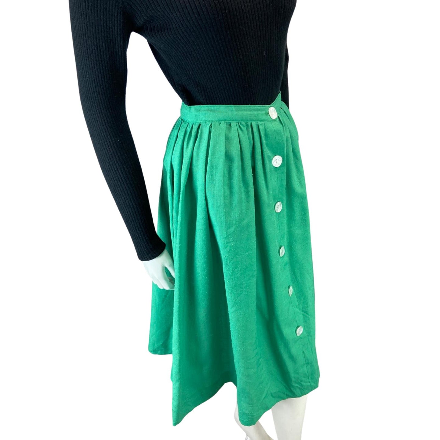 VINTAGE 80S GREEN BUTTON DOWN SWING MIDI SKIRT XS 6