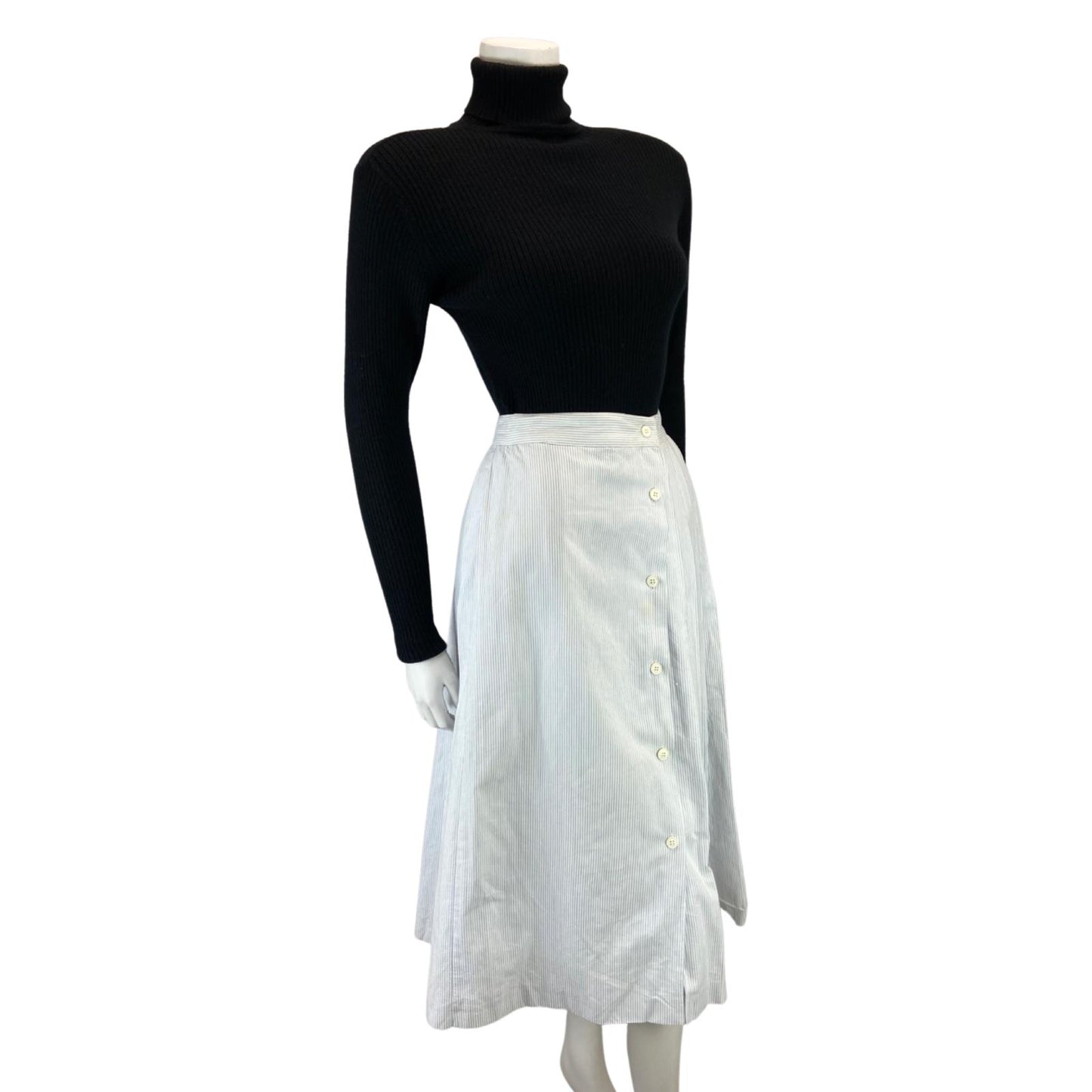 VINTAGE 80S 90S WHITE BLUE CACHAREL DESIGNER SWING MIDI BUTTON DOWN SKIRT 8 10 S